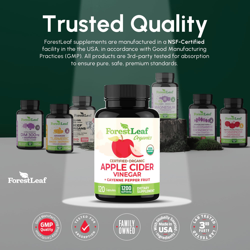ForestLeaf ACV capsules ginger and cayenne bottle focuses on metabolism support