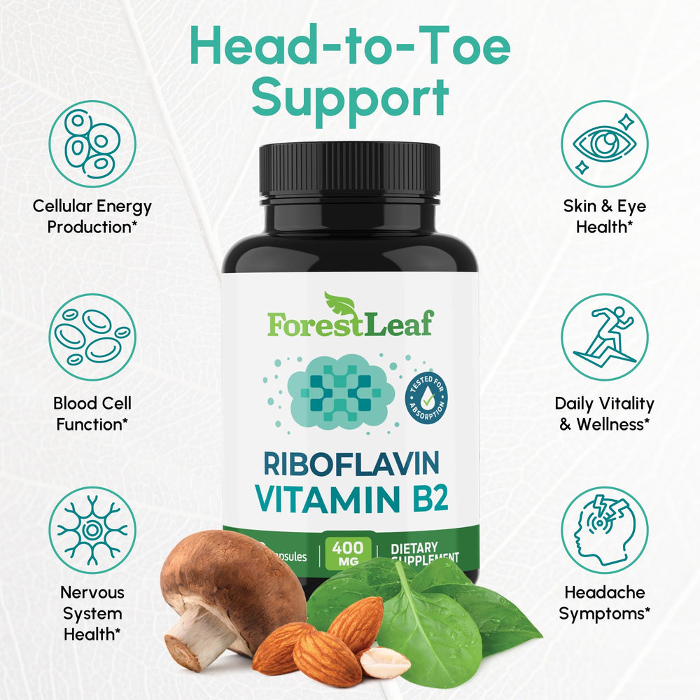 ForestLeaf B2 riboflavin 400mg capsule focuses on energy metabolism for daily activity.