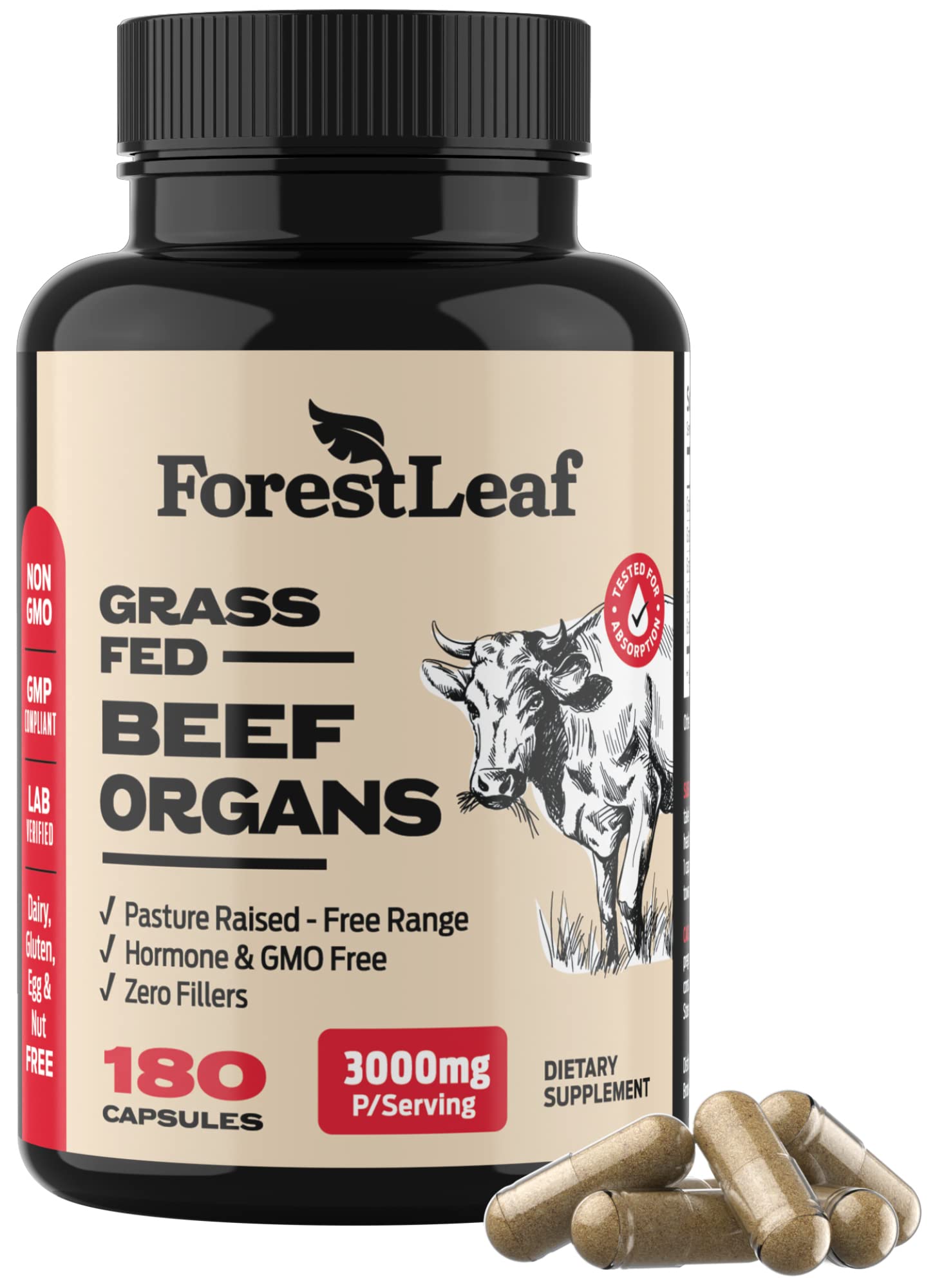 ForestLeaf Beef Organ Supplement bottle close-up showing compact capsule format