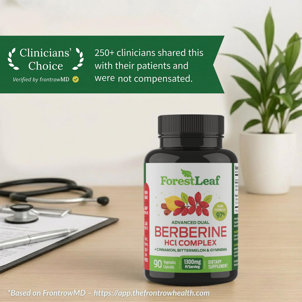 ForestLeaf Berberine ingredients blend showcasing cinnamon, bitter melon, gymnema.