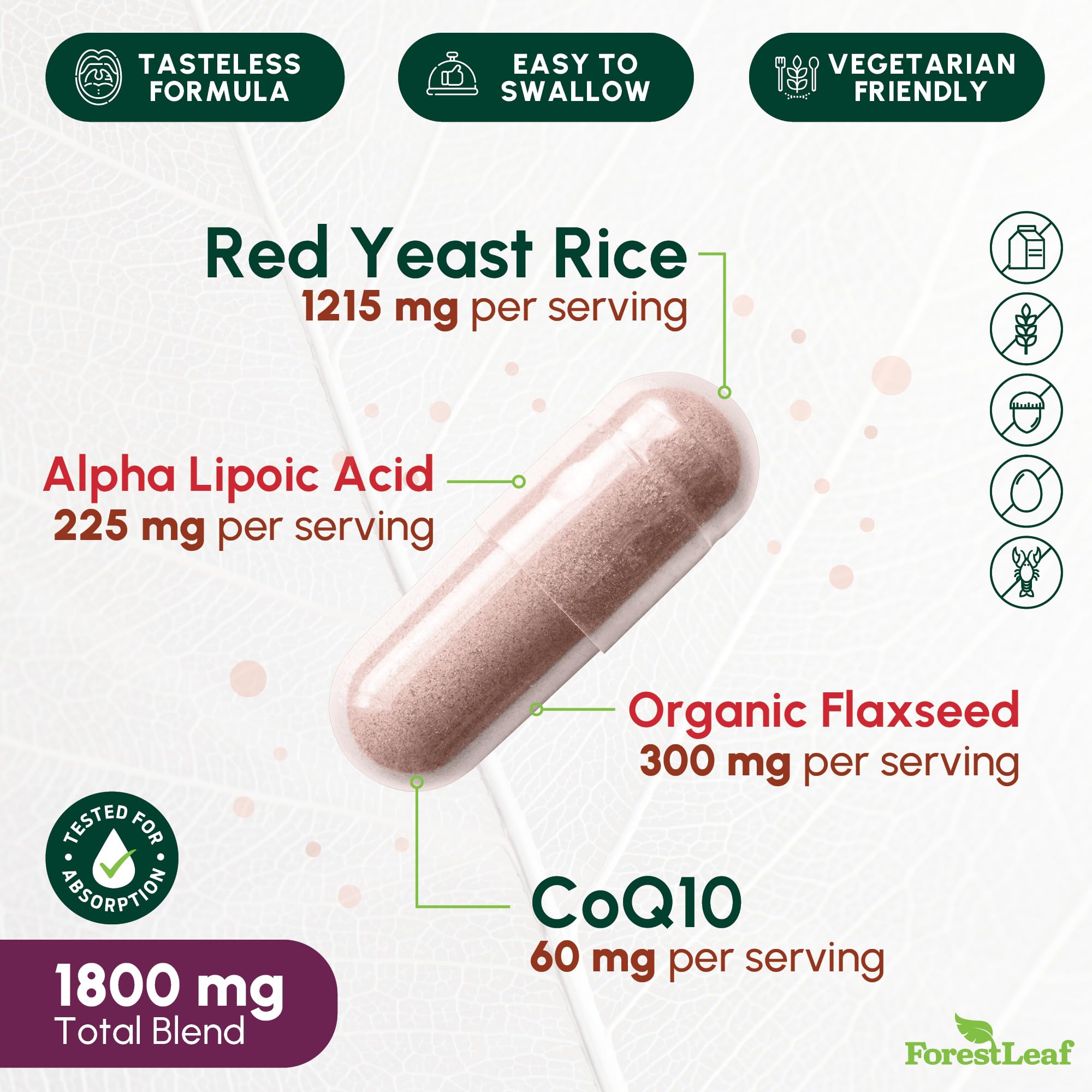 ForestLeaf capsules arranged in rows for easy daily dosage.
