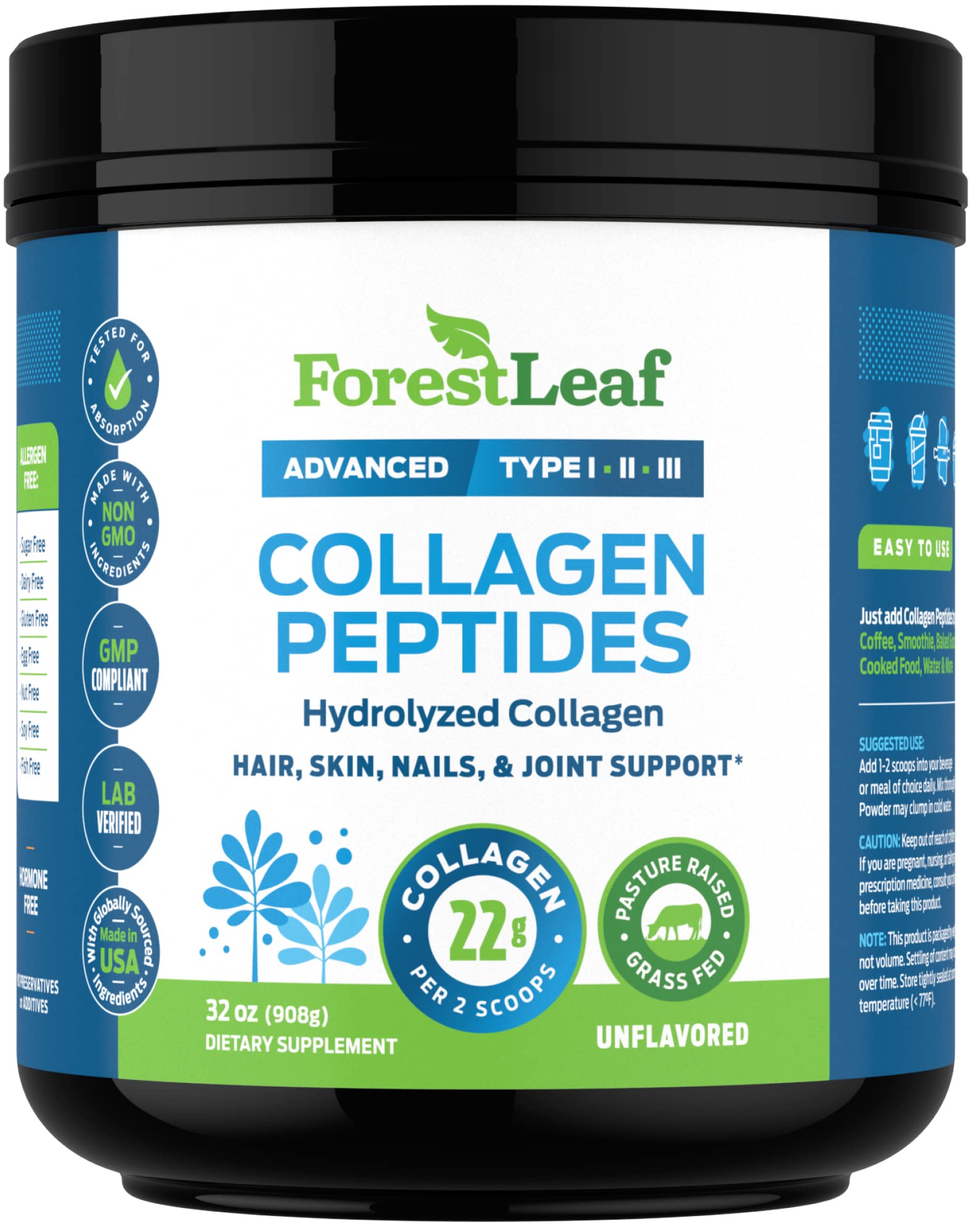 ForestLeaf collagen peptides image focusing on healthy hair and skin potential