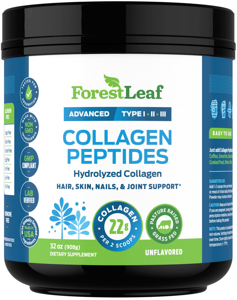 ForestLeaf collagen peptides image focusing on healthy hair and skin potential