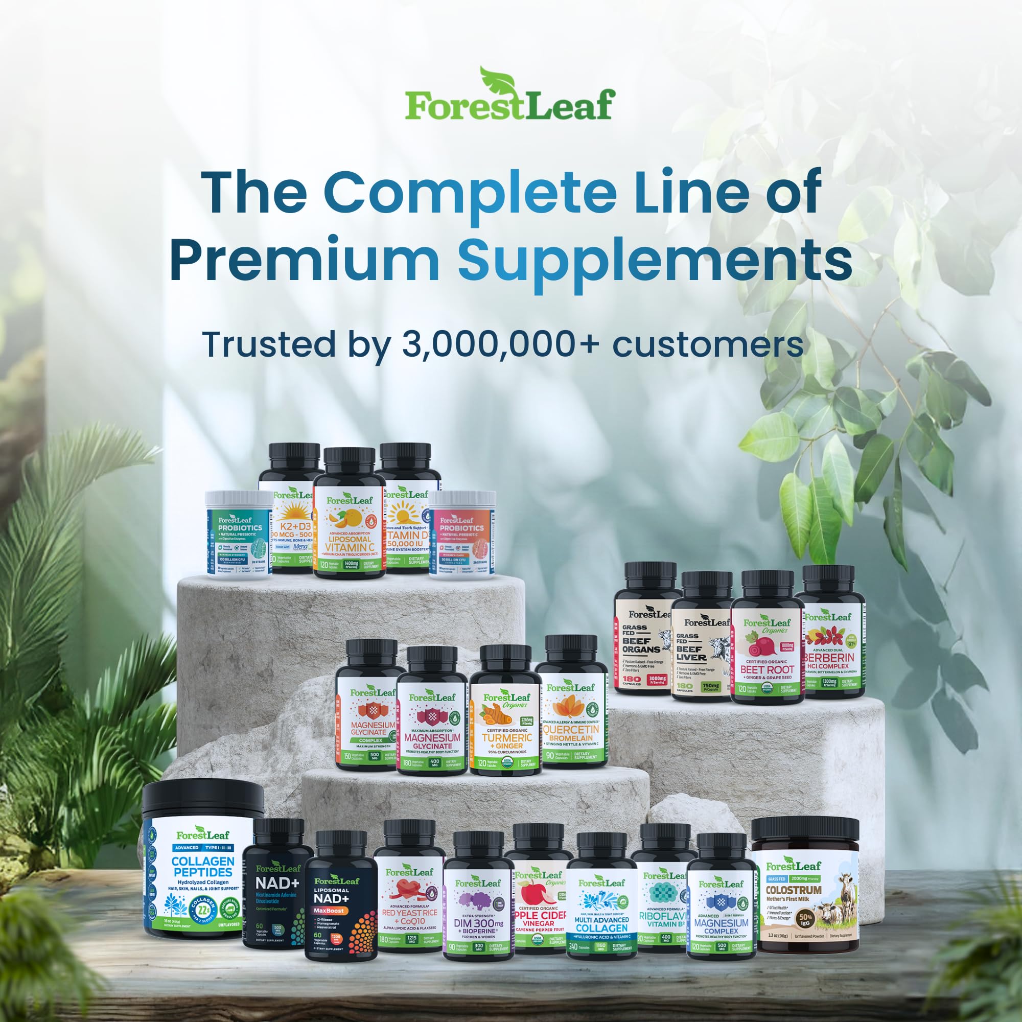 ForestLeaf Collagen Peptides ingredient panel showing Type 1-3 blend for skin and joints
