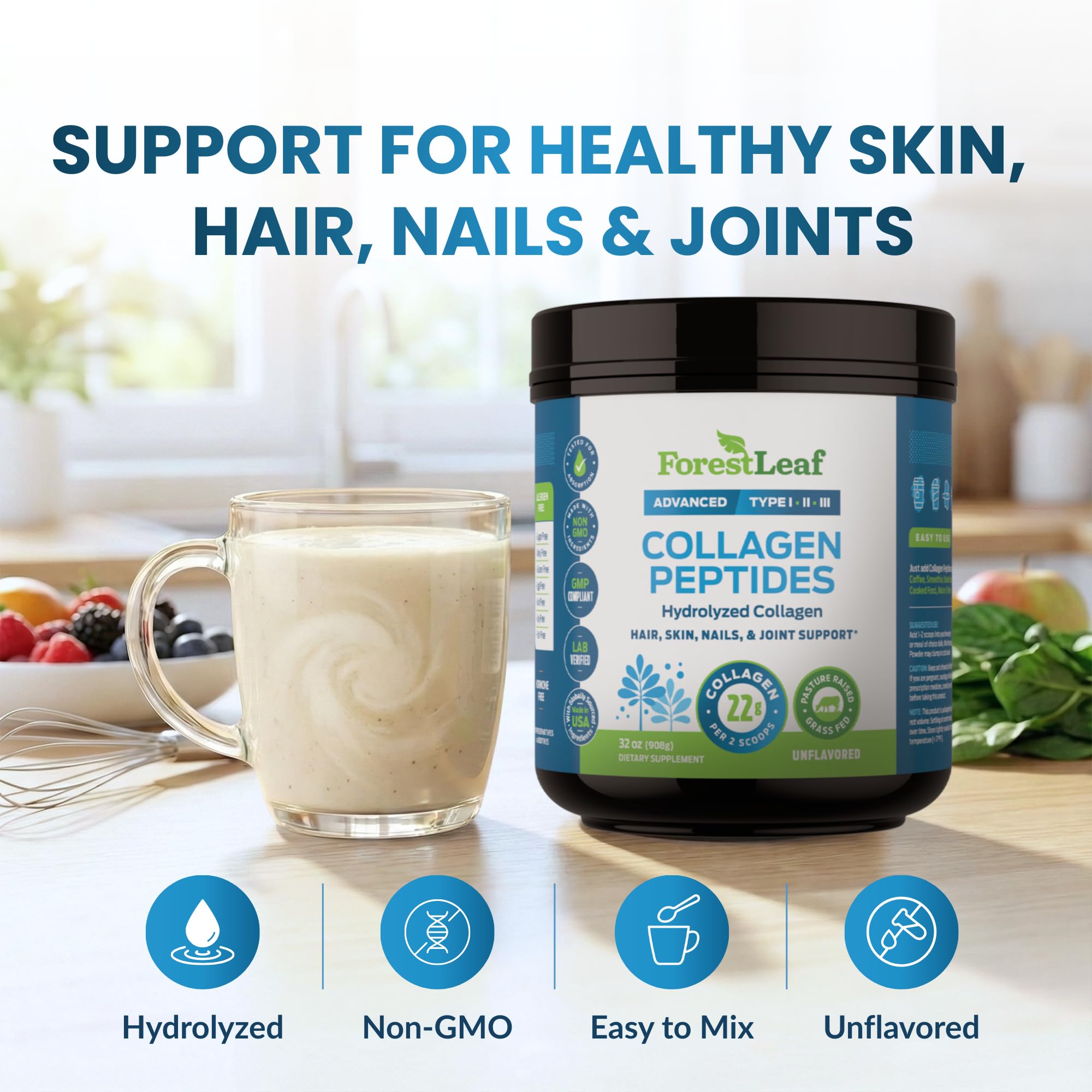 ForestLeaf collagen peptides unflavored powder scoop ideal for easy smoothie mixing