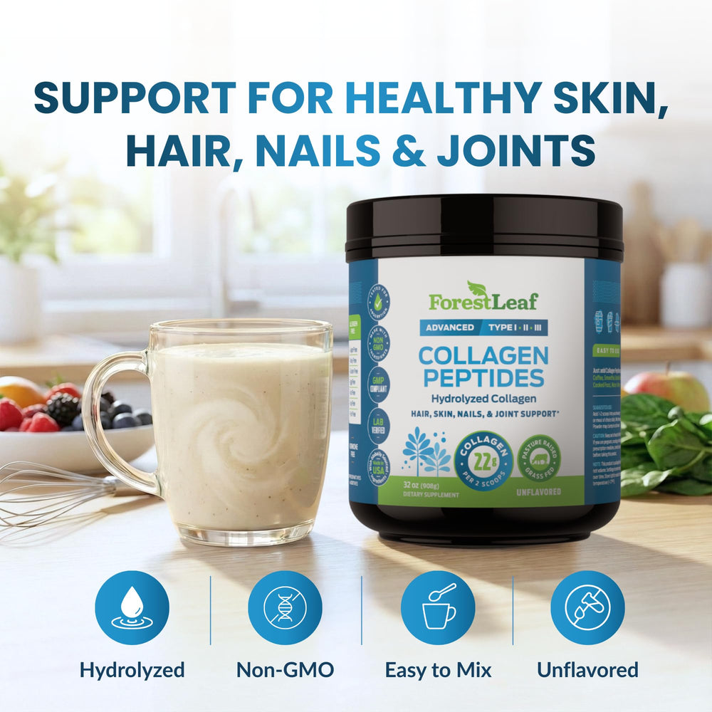 ForestLeaf collagen peptides unflavored powder scoop ideal for easy smoothie mixing
