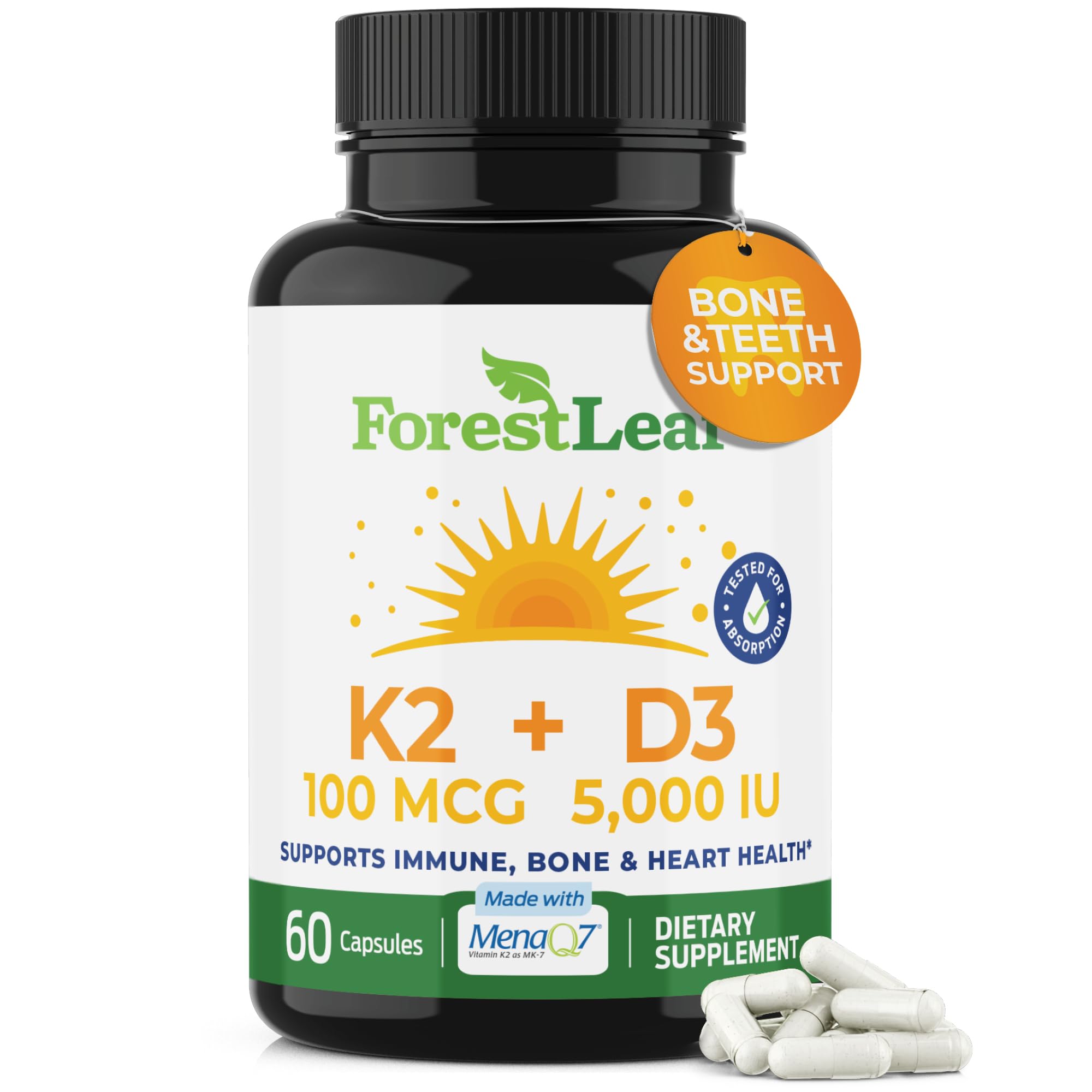 ForestLeaf D3+K2 MenaQ7 capsules for bone support and calcium use.