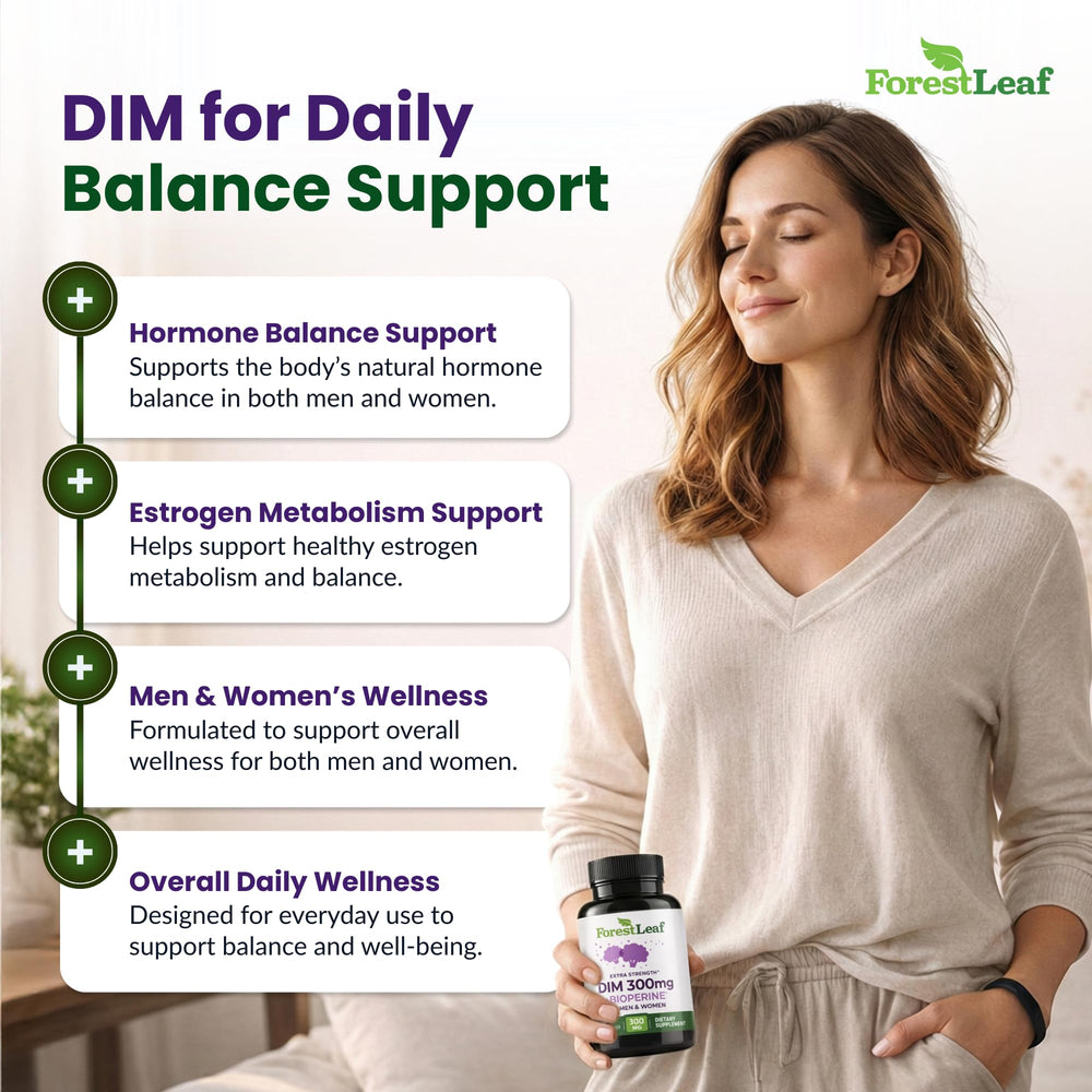 ForestLeaf DIM supplement bottle label highlighting vegan and non-GMO