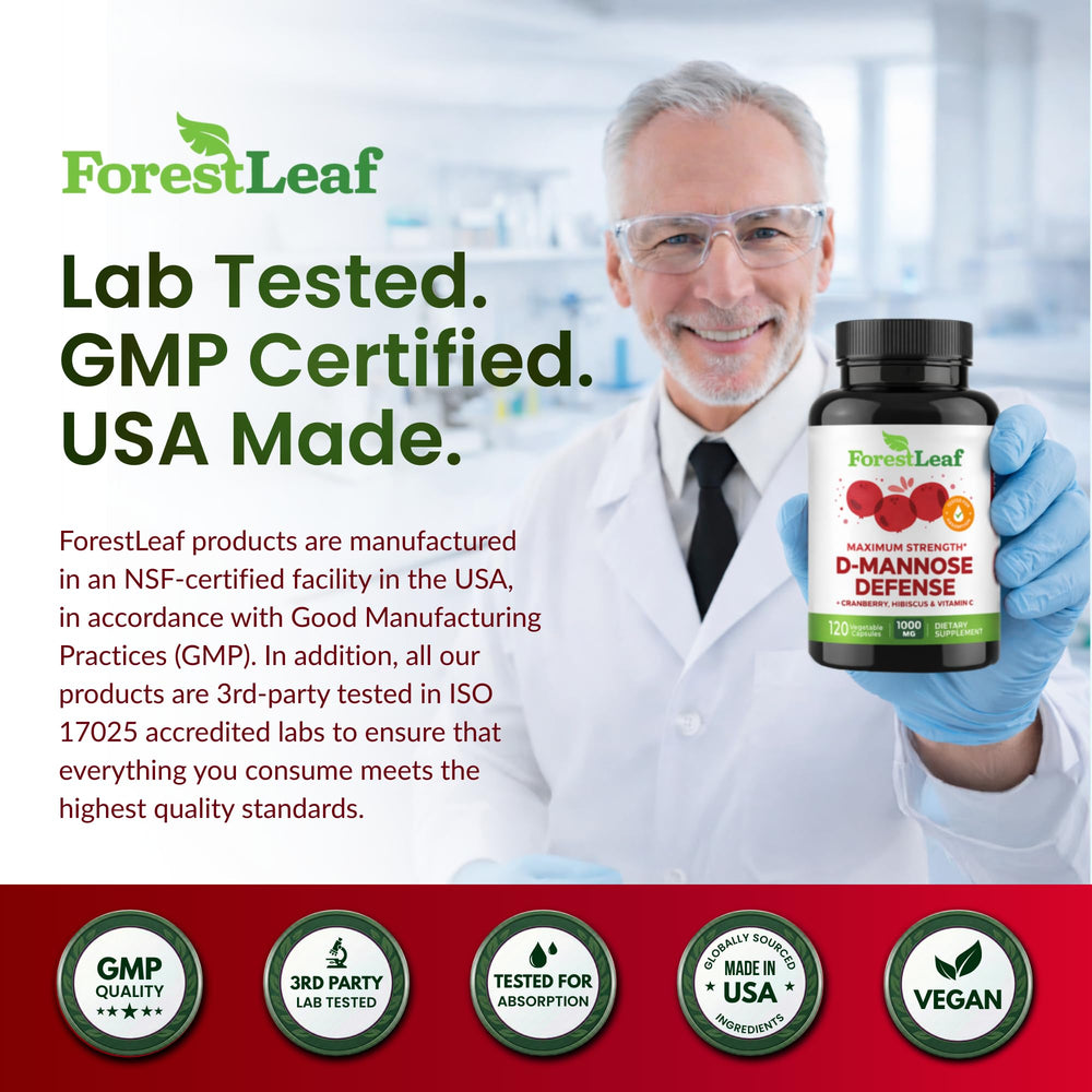 ForestLeaf D-Mannose bottle label highlights 120-cap count.