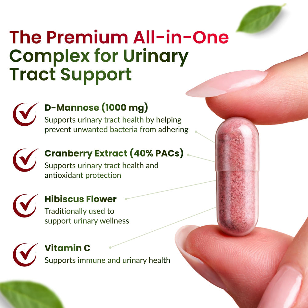 Close-up of ForestLeaf D-Mannose capsules illustrating the daily supplement form.