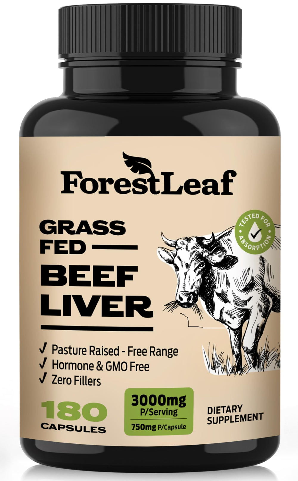 ForestLeaf grass-fed beef liver capsules label promotes convenience for daily wellness.