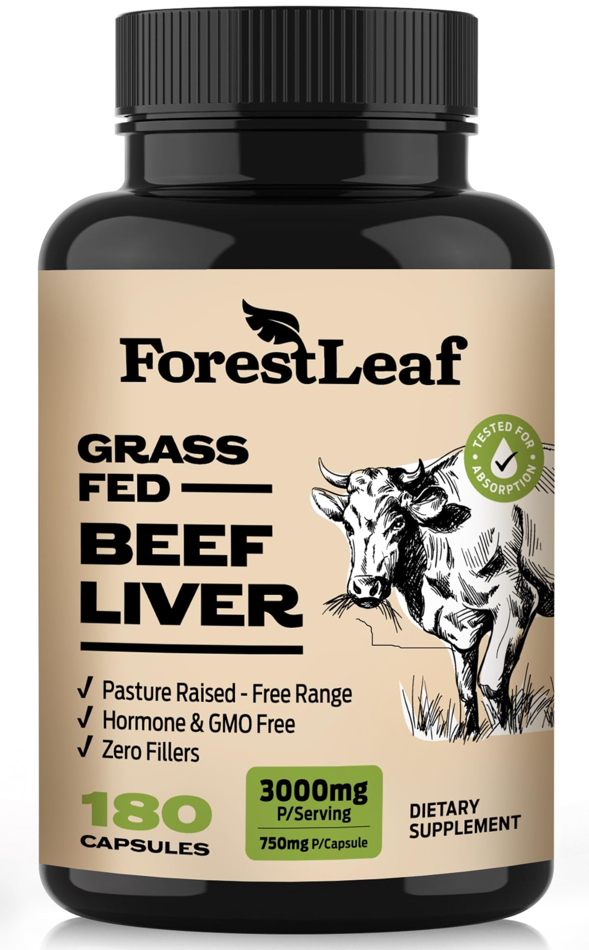 ForestLeaf grass-fed beef liver capsules label promotes convenience for daily wellness.