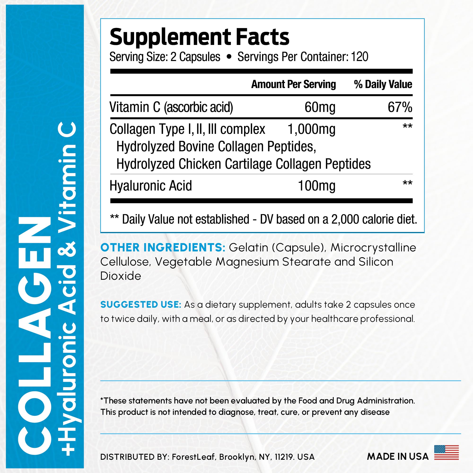 ForestLeaf grass-fed collagen label highlights non-GMO and dairy-free features.