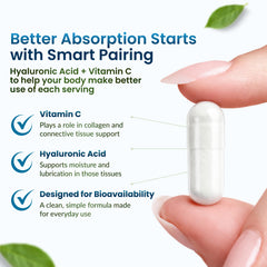 ForestLeaf hyaluronic acid capsules closeup highlights vitamin C inclusion for better absorption.