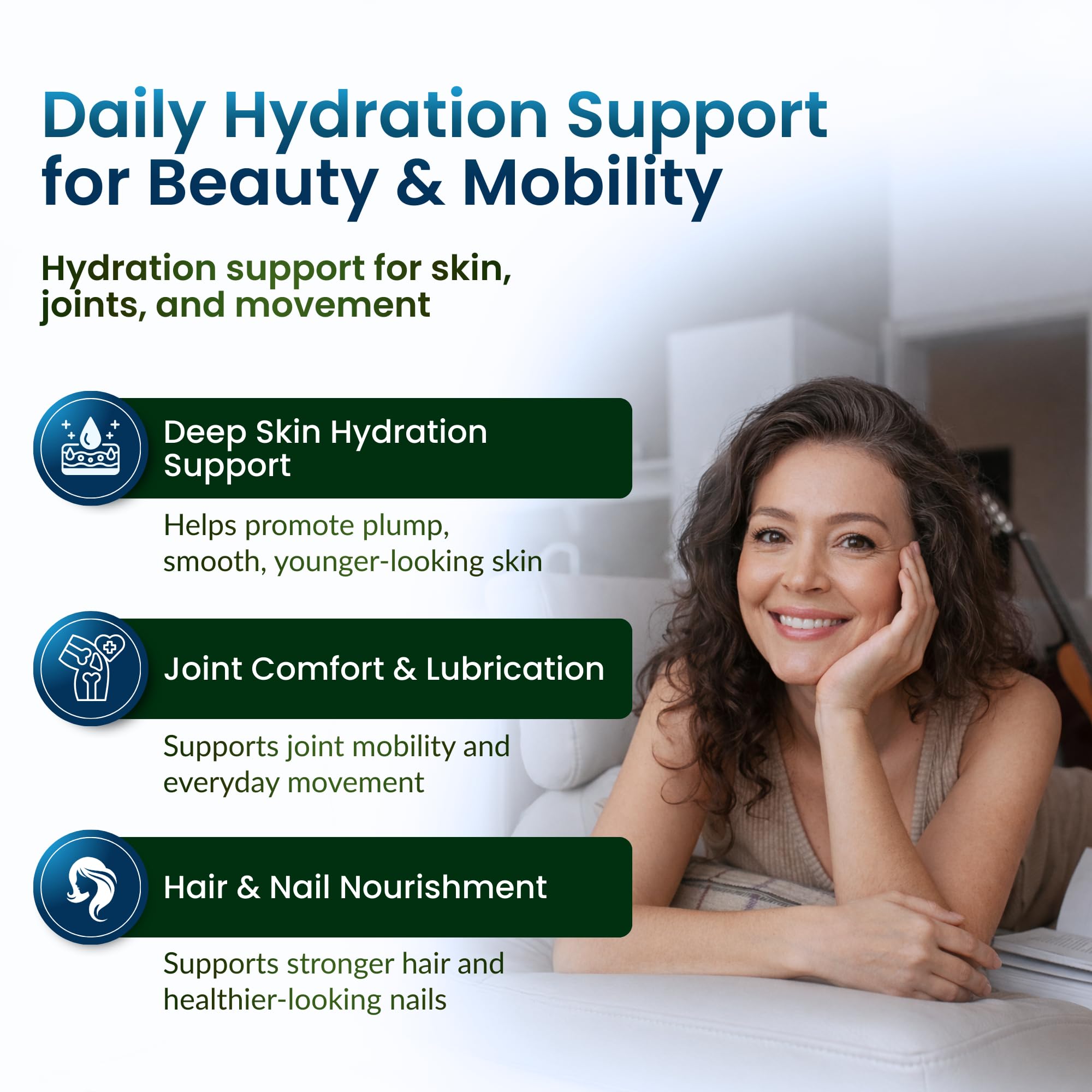 ForestLeaf hyaluronic acid capsules closeup suggests easy, daily intake for skin and joints.