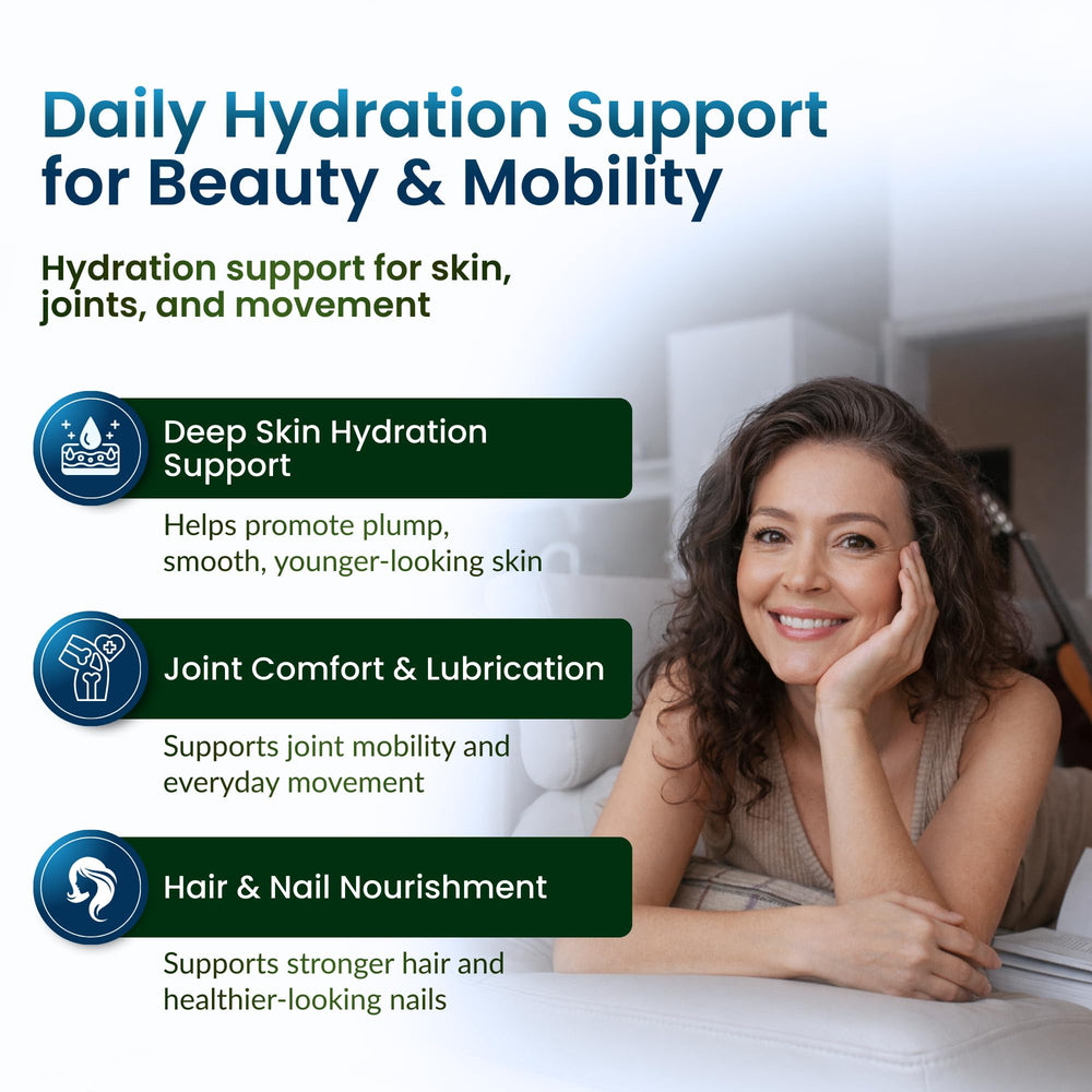 ForestLeaf hyaluronic acid capsules closeup suggests easy, daily intake for skin and joints.
