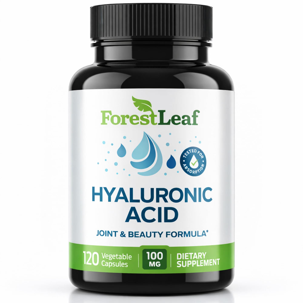 ForestLeaf hyaluronic acid supplements bottle demonstrates convenient daily hydration support.