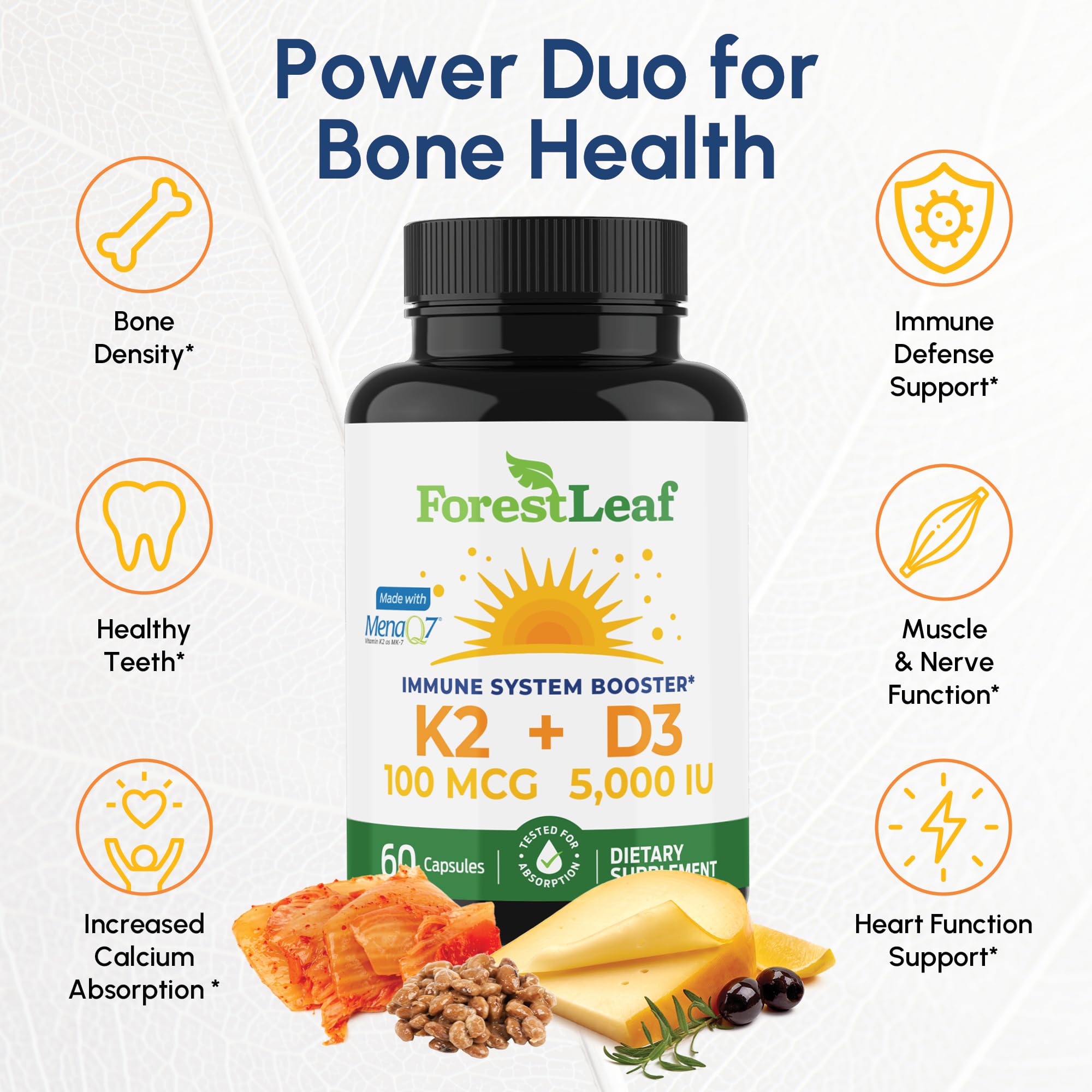 ForestLeaf D3+K2 image emphasizing immune support potential and synergy.