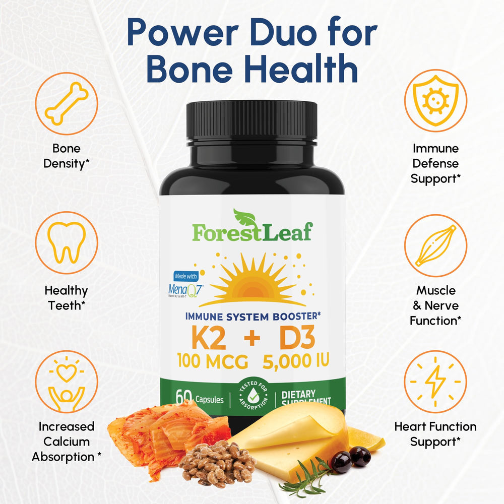 ForestLeaf D3+K2 image emphasizing immune support potential and synergy.
