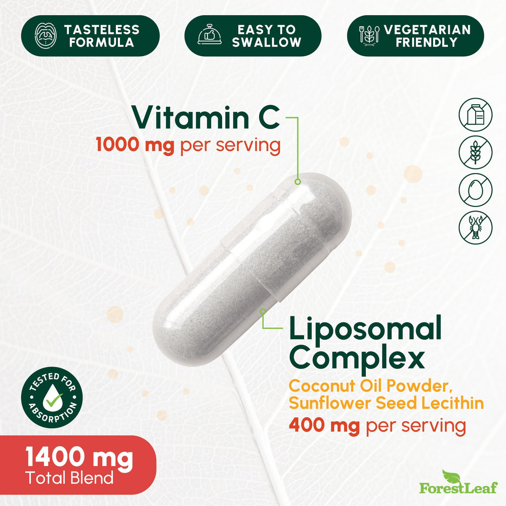Close-up of ForestLeaf liposomal Vitamin C capsules showing high-potency formula