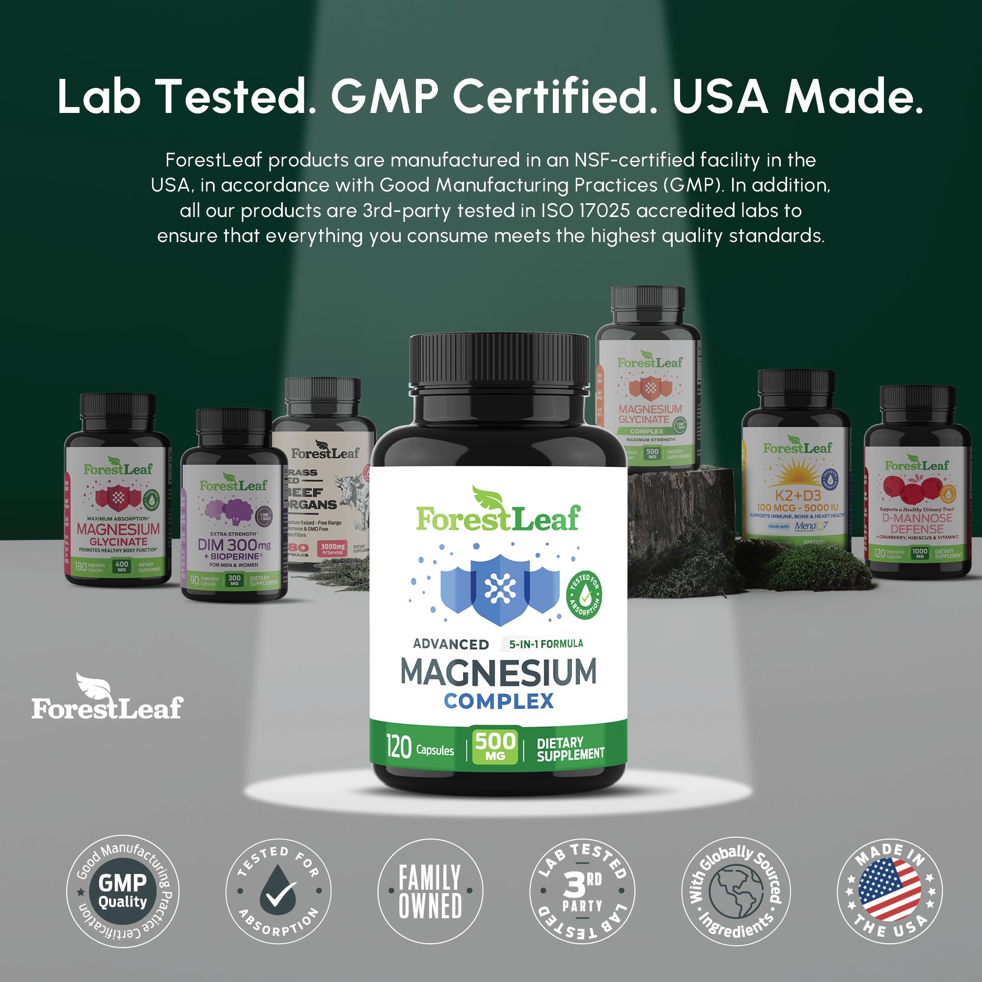 ForestLeaf magnesium complex produced in USA GMP-certified facility.