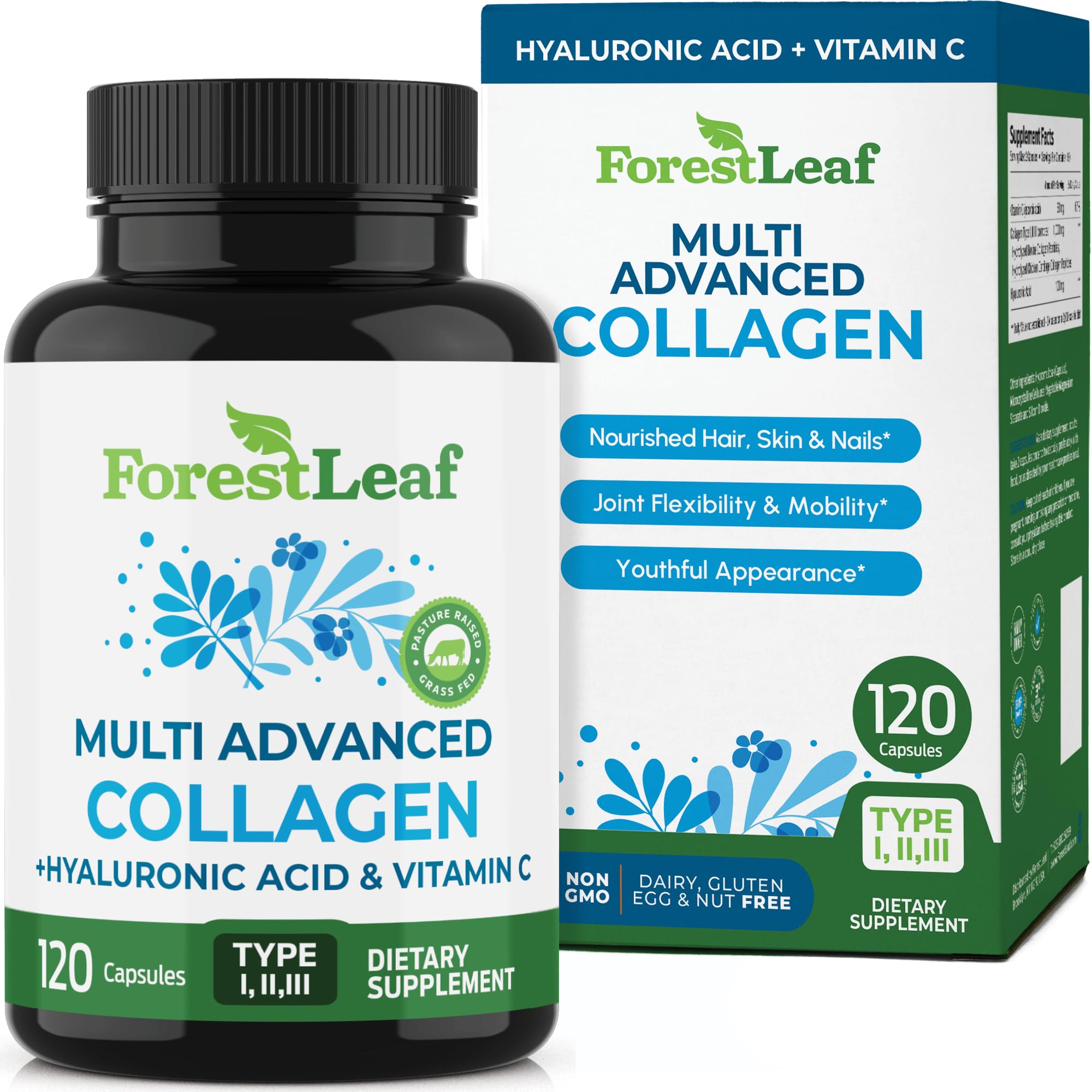 ForestLeaf Multi Collagen bottle pour showing Hyaluronic Acid and Vitamin C benefits for skin and joints