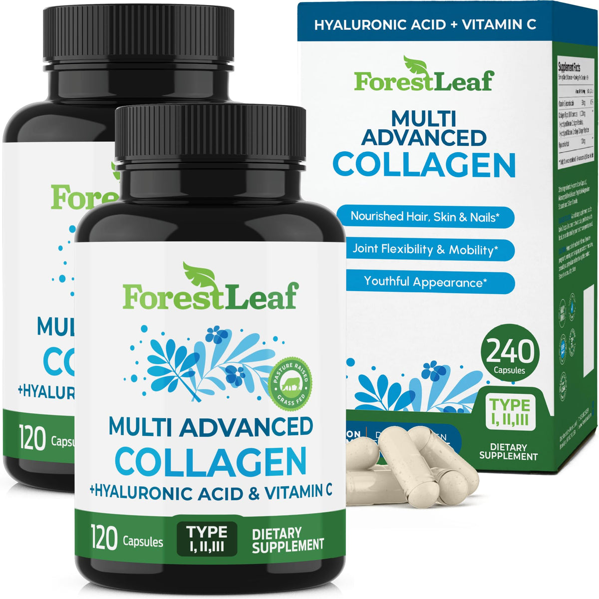 ForestLeaf multi collagen pills bottle front shows capsules for skin support and flexibility