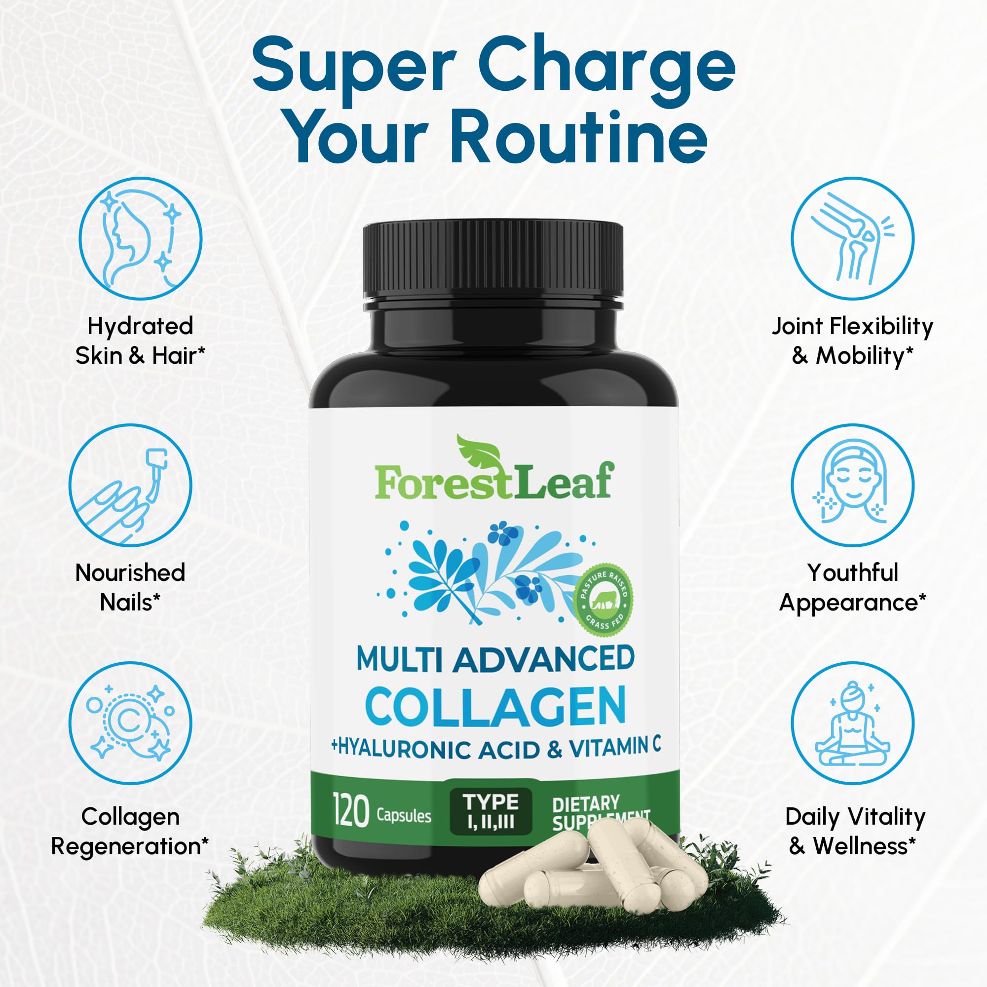 ForestLeaf label closeup on bottle highlights hyaluronic acid and vitamin C benefits