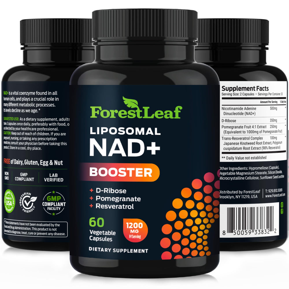 ForestLeaf NAD Resveratrol image icons emphasize non-GMO, dairy-free lifestyle.