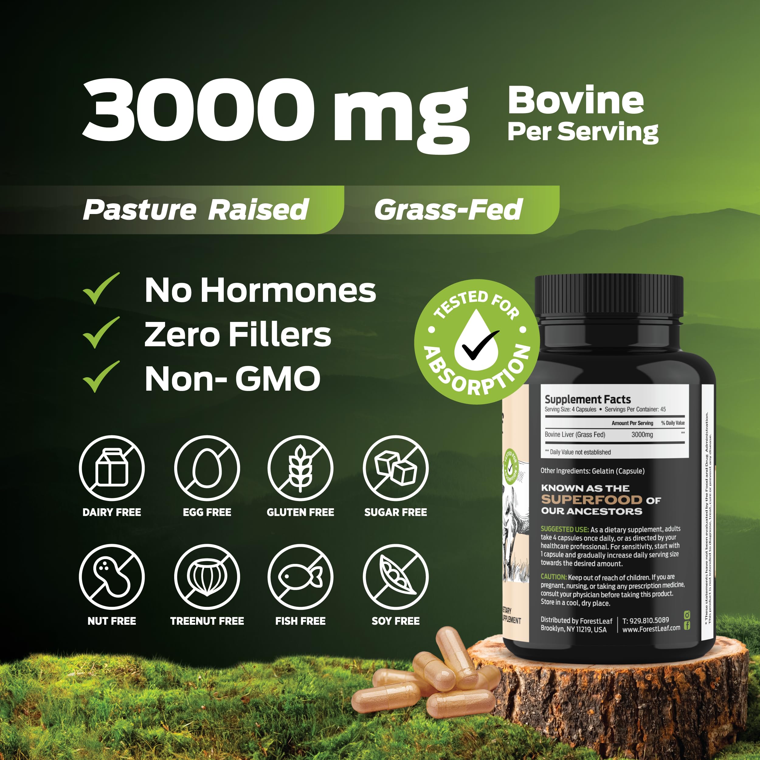 ForestLeaf organ meats capsule collection showcases five nutrients per serving.