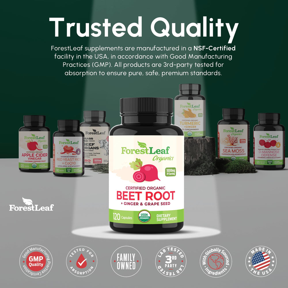ForestLeaf beetroot packaging and label highlight vegan, non-GMO formulation.