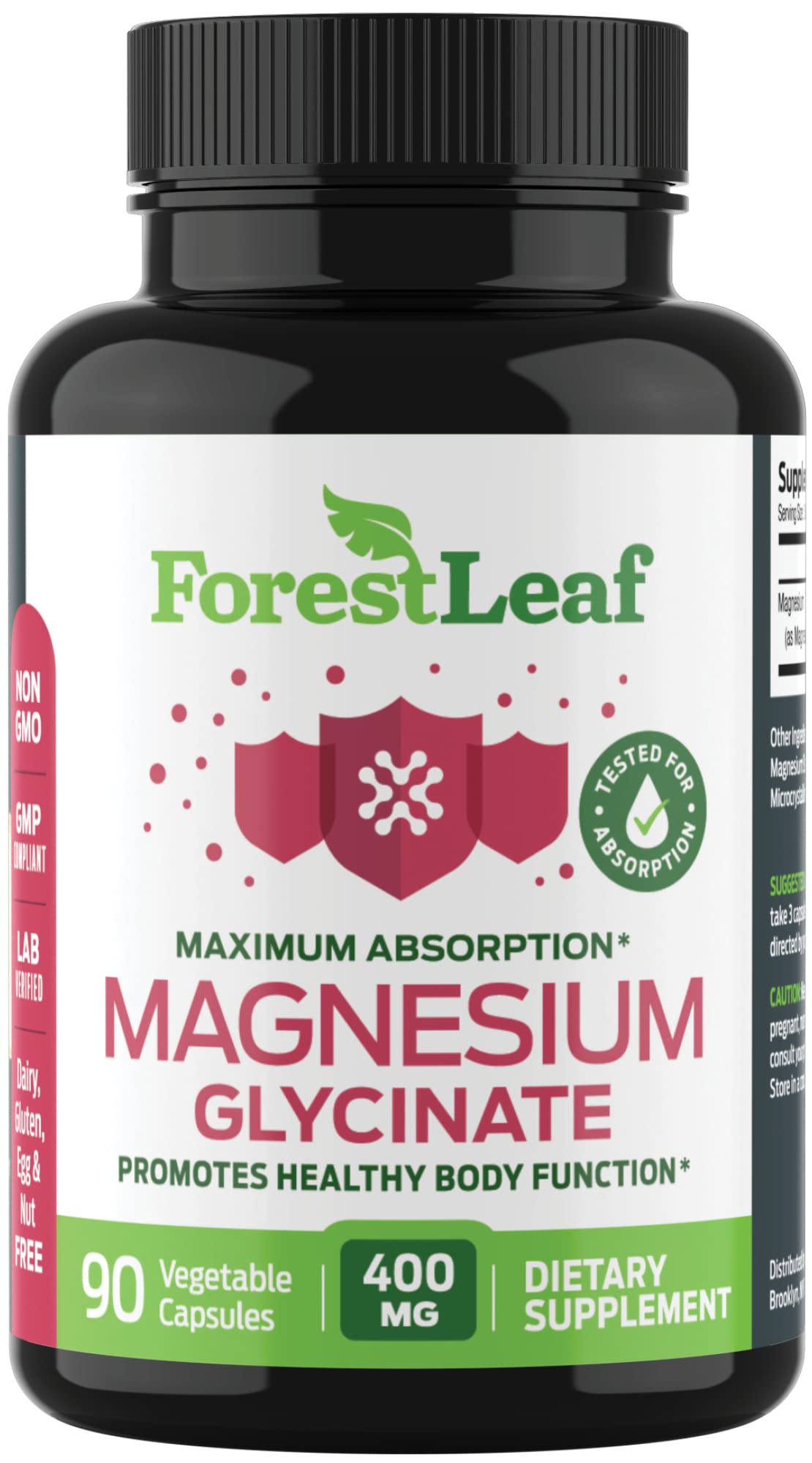 Label and cap of ForestLeaf magnesium glycinate ready for daily intake