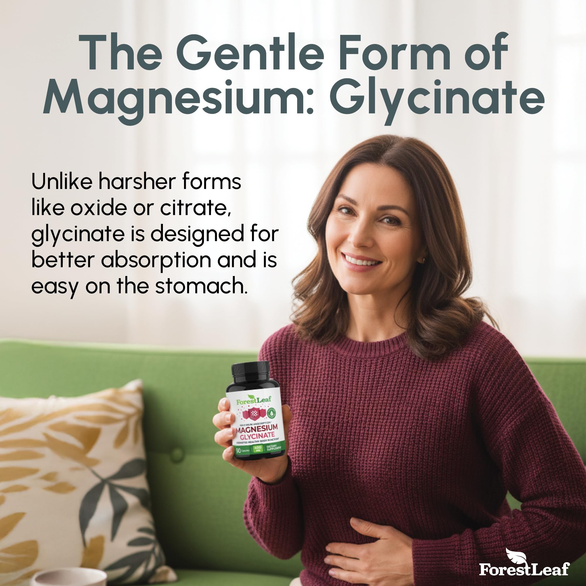 ForestLeaf Magnesium Glycinate capsules closeup with 400 mg dosage