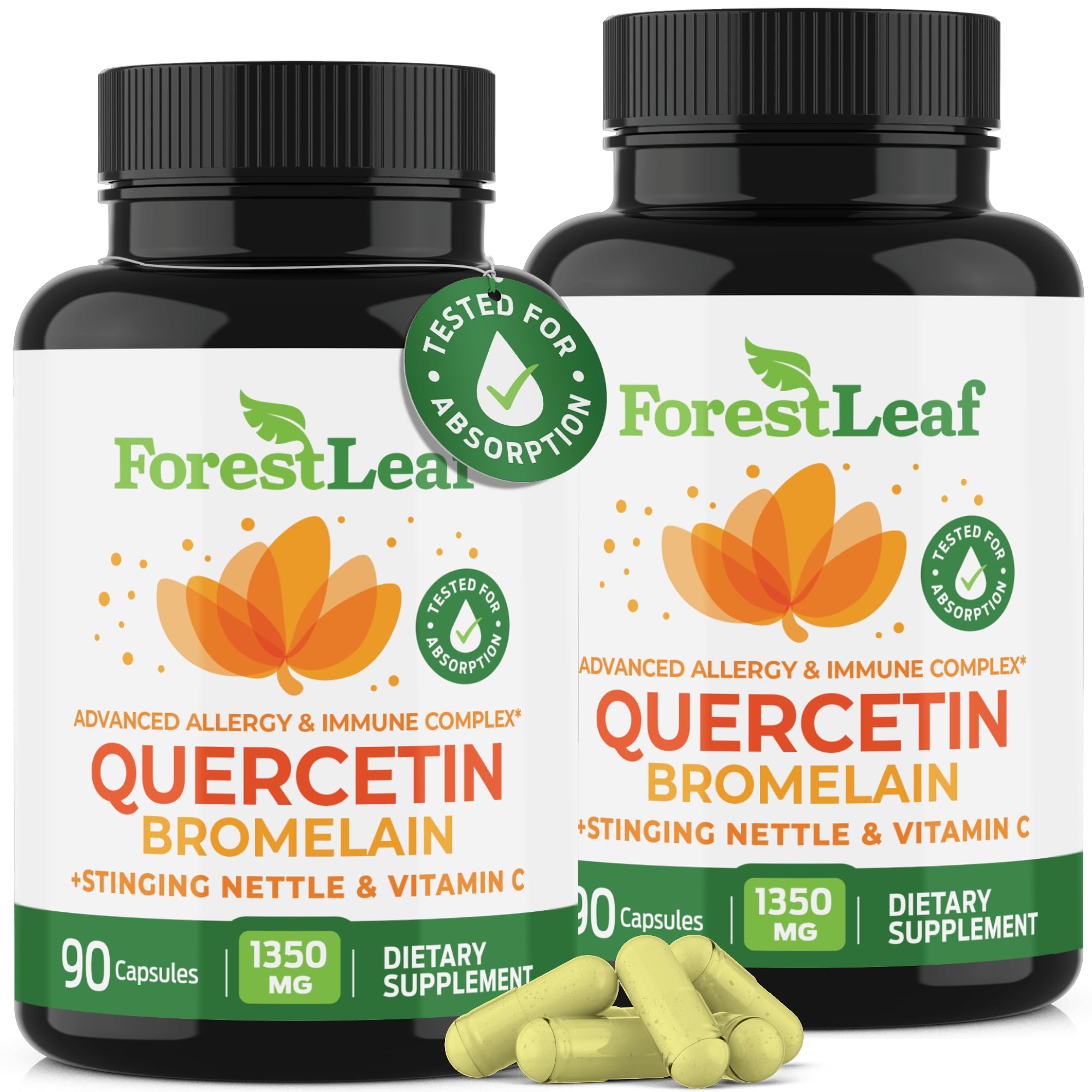 ForestLeaf Quercetin with Bromelain bottle displaying 180 veggie capsules for daily immune support.