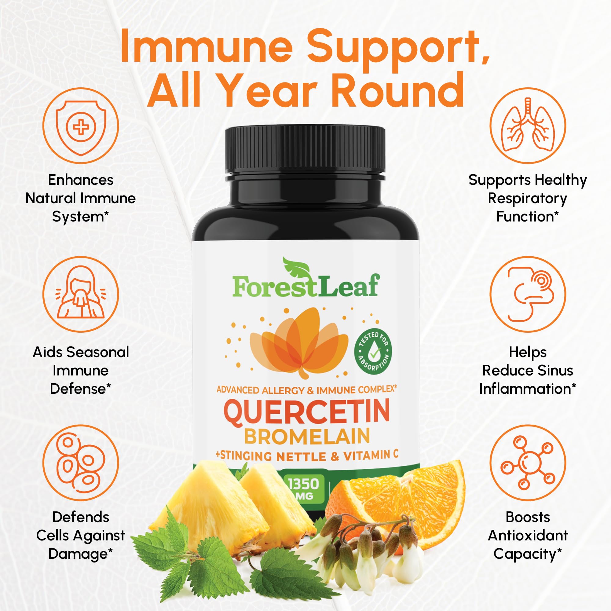 ForestLeaf Quercetin with Bromelain capsules arranged for easy daily use.