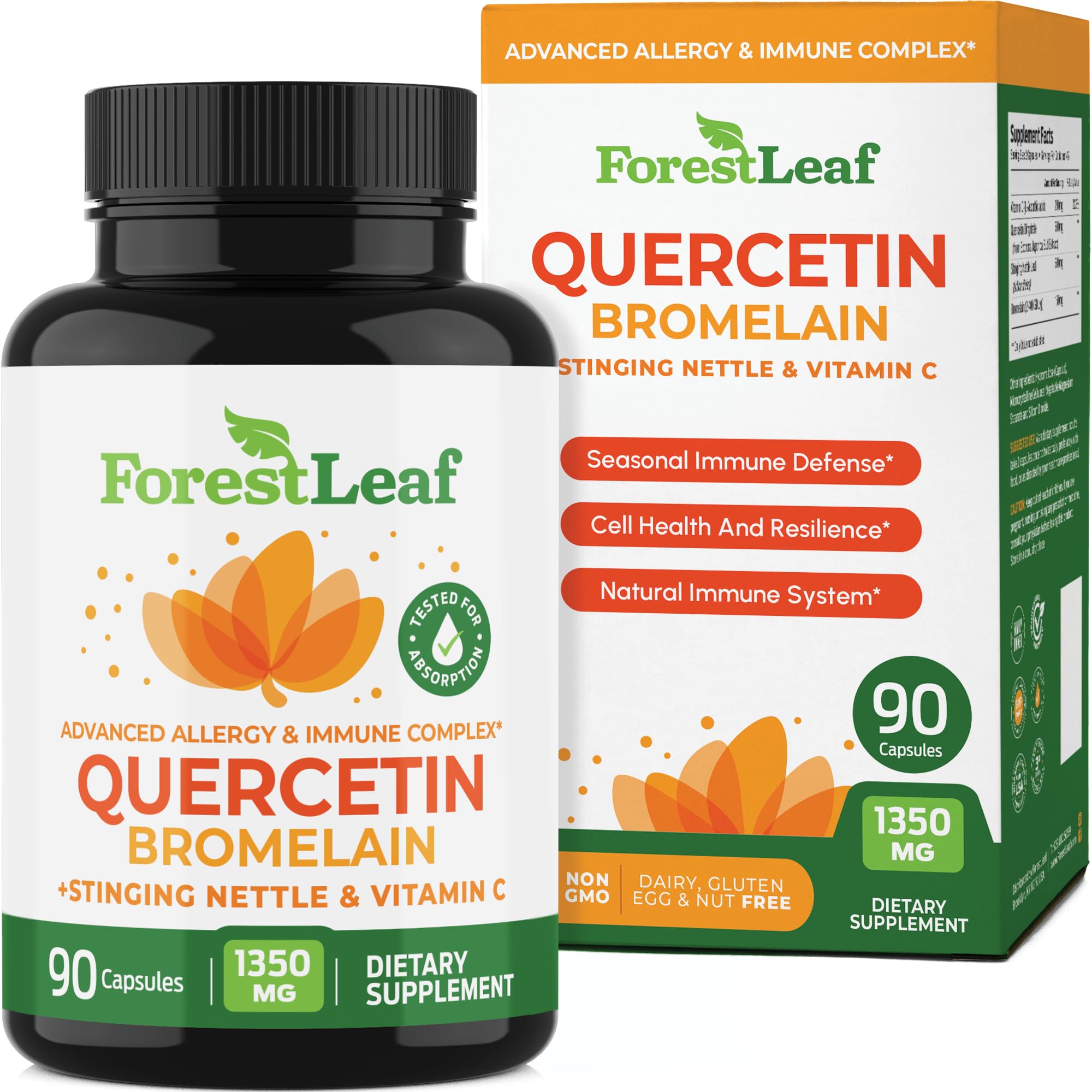 ForestLeaf Quercetin with Bromelain bottle on white, supports daily wellness routine.
