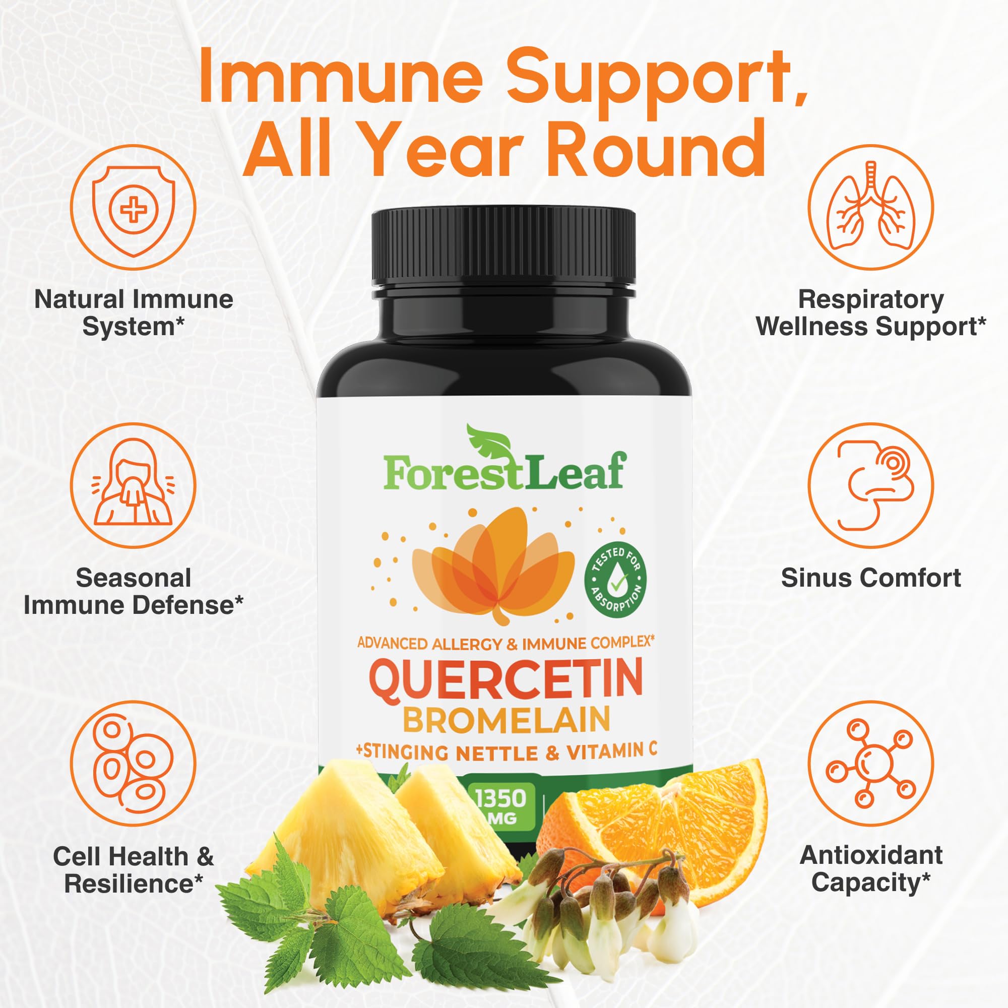 ForestLeaf Quercetin with Bromelain capsules close-up, easy-to-swallow veggie caps.
