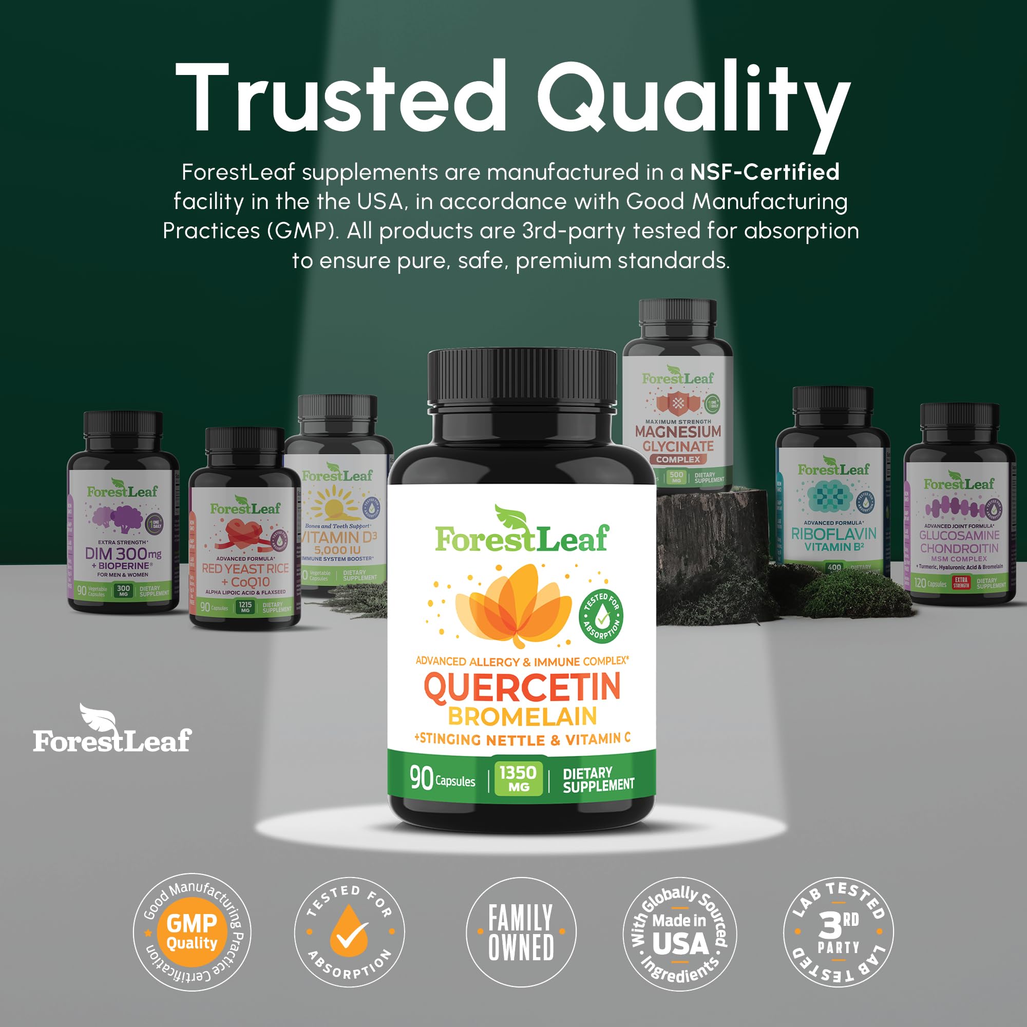 ForestLeaf Quercetin ingredients panel close-up with bromelain and vitamin C.