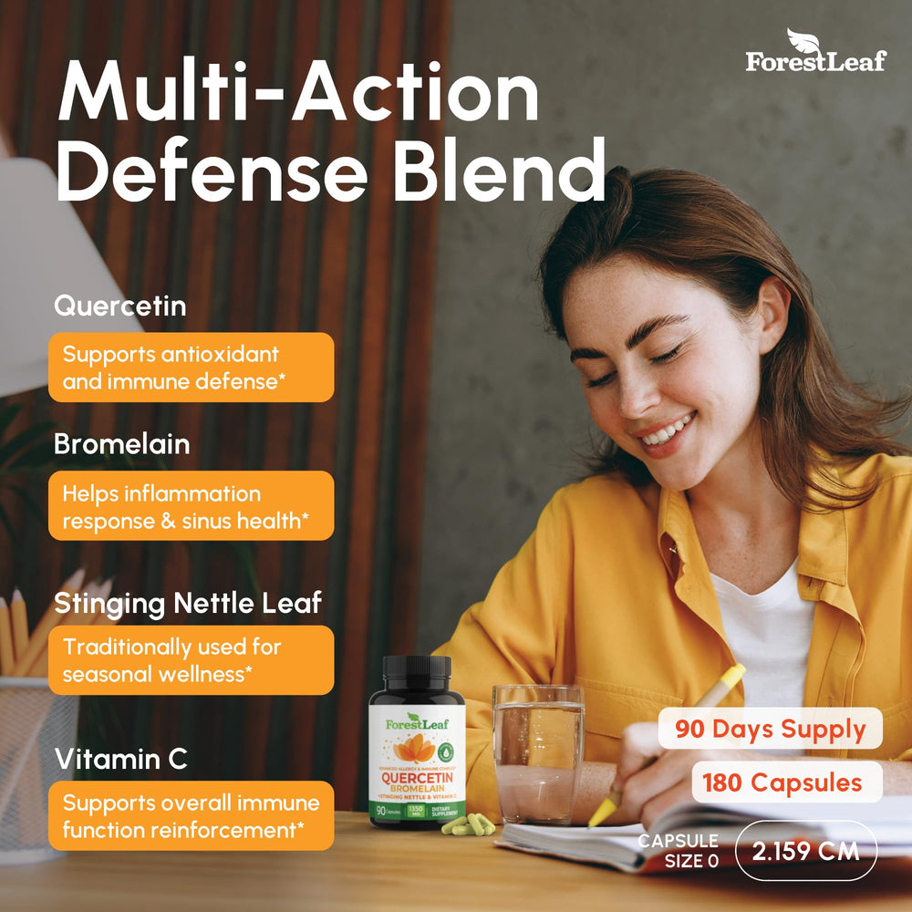 Close-up of ForestLeaf ingredients panel showing quercetin, bromelain, and nettle.