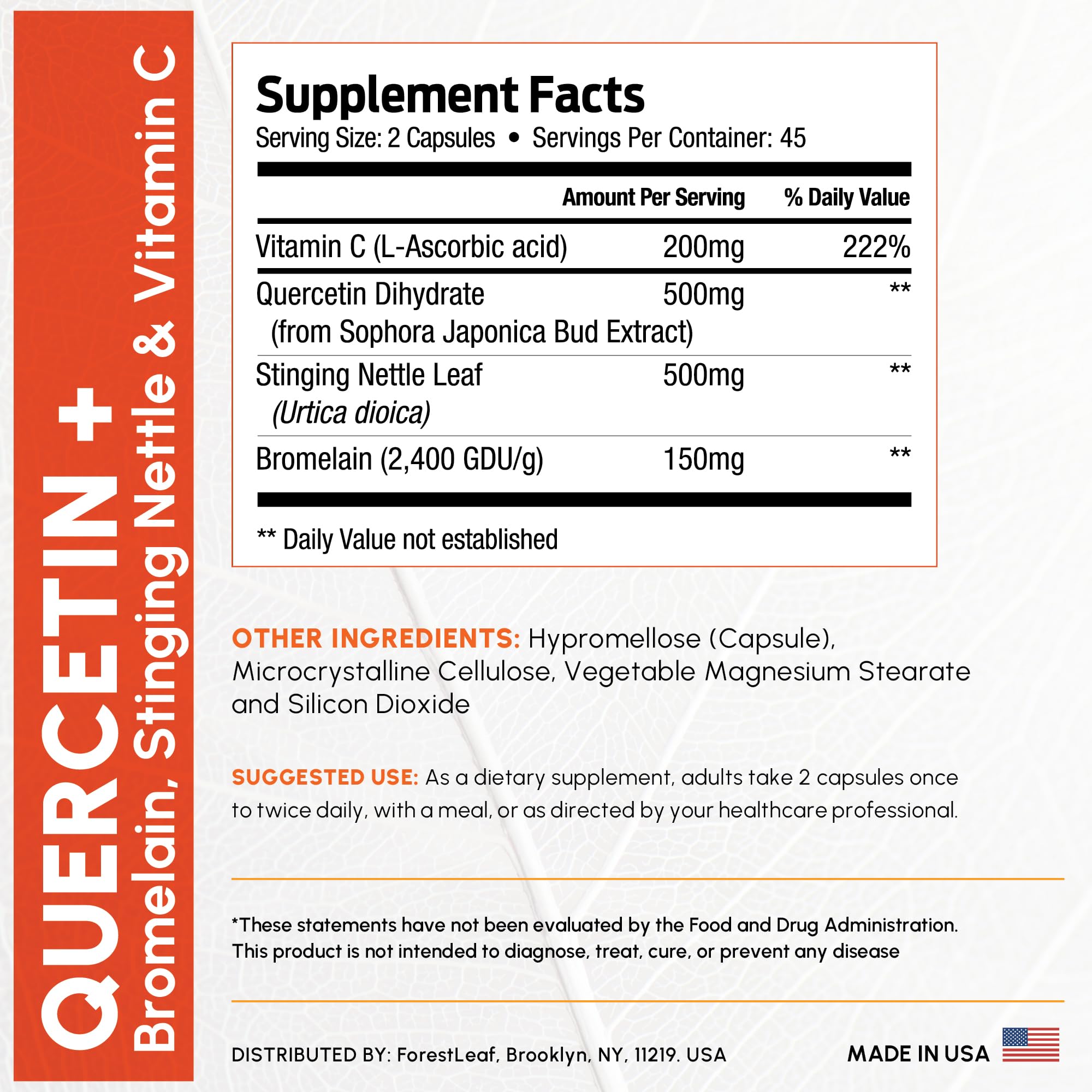 ForestLeaf Quercetin label close-up highlighting Vitamin C and nettle.