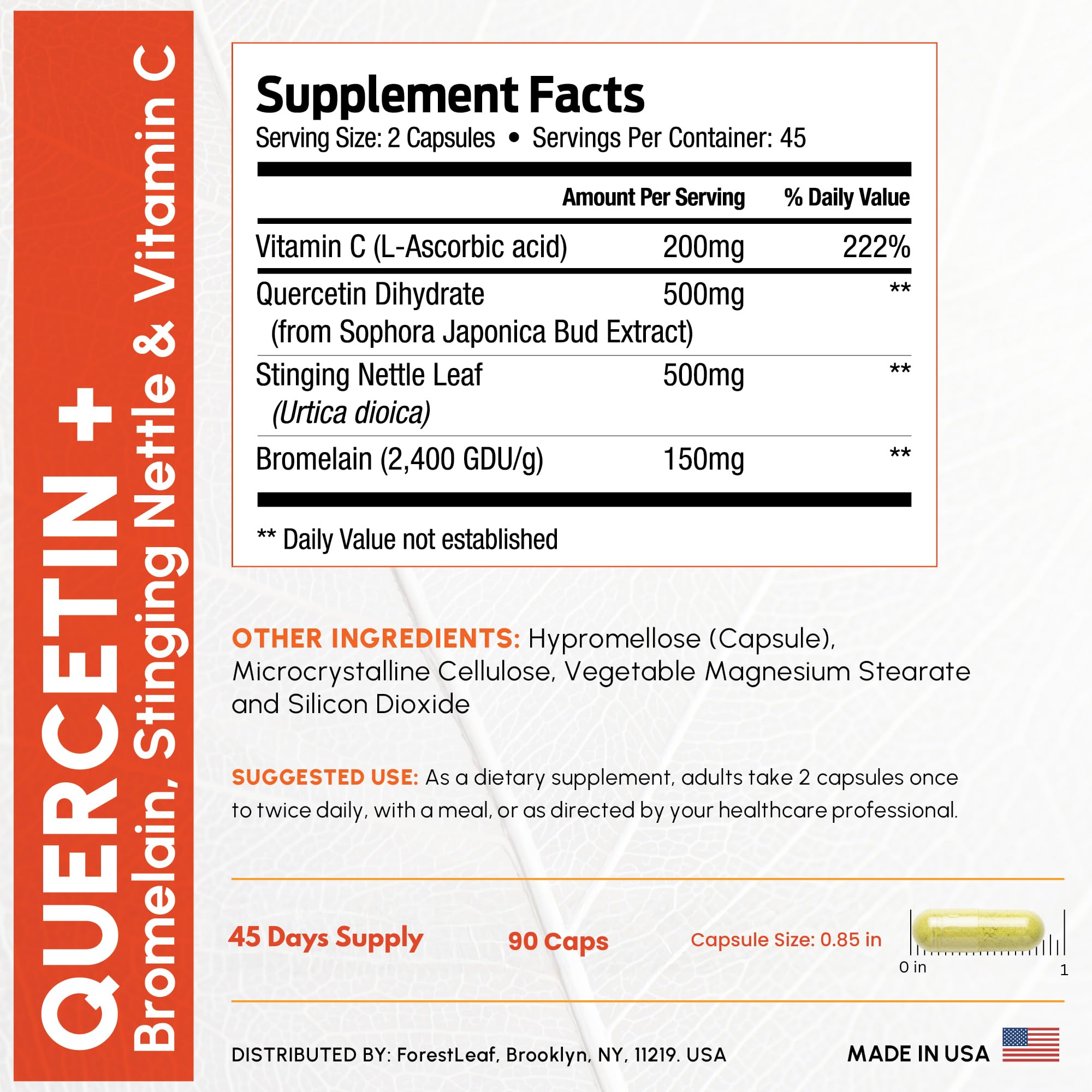 ForestLeaf Quercetin packaging, eco-friendly box, non-GMO gluten-free.