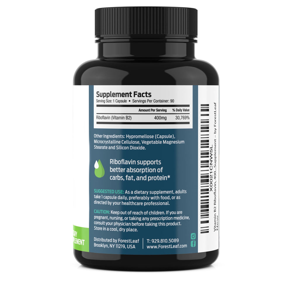 ForestLeaf riboflavin 400mg capsule close-up showing high potency.