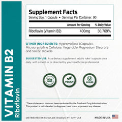 ForestLeaf riboflavin bottle label detail showing gluten-free and clean-label features.