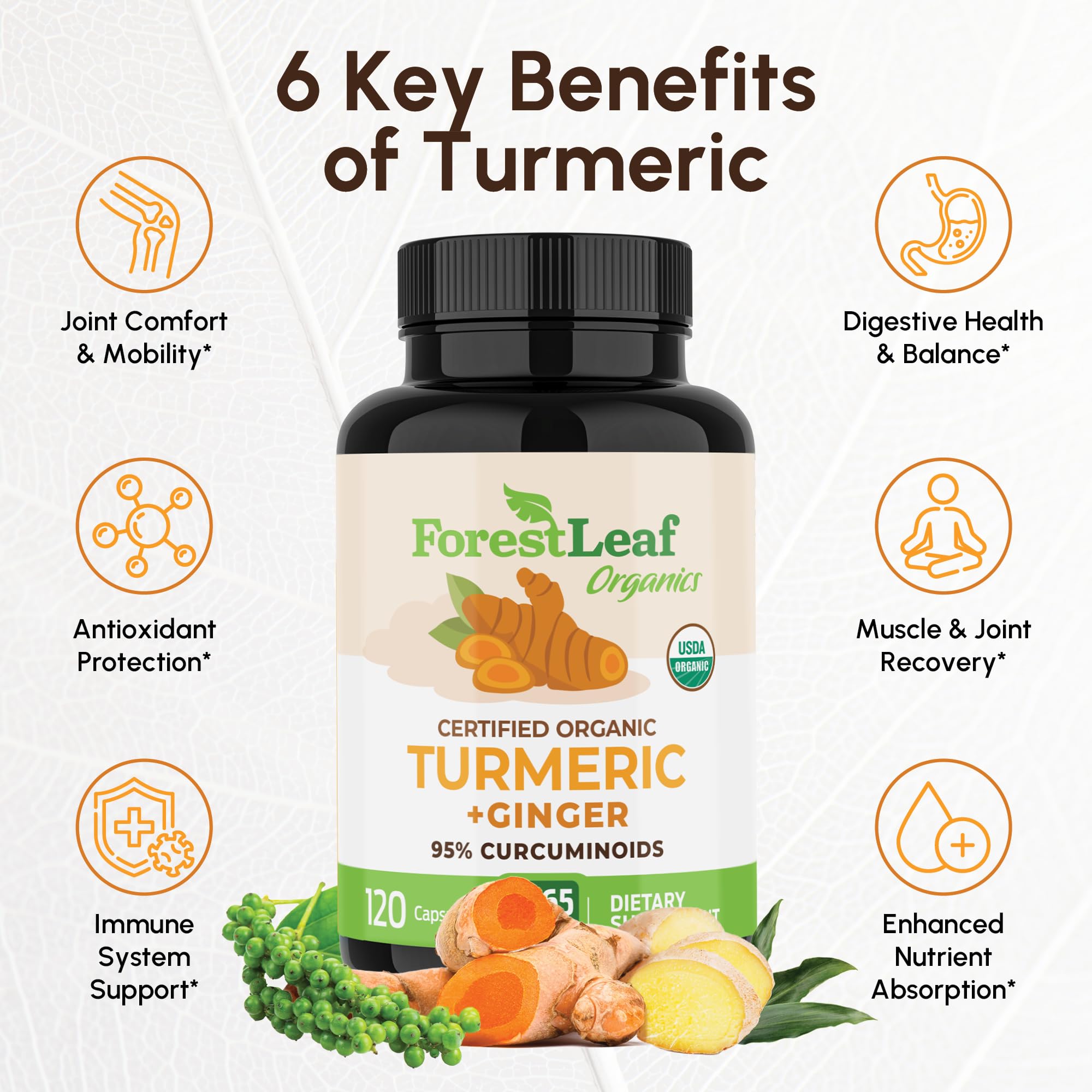 ForestLeaf turmeric capsules close-up emphasizing high-potency curcumin.