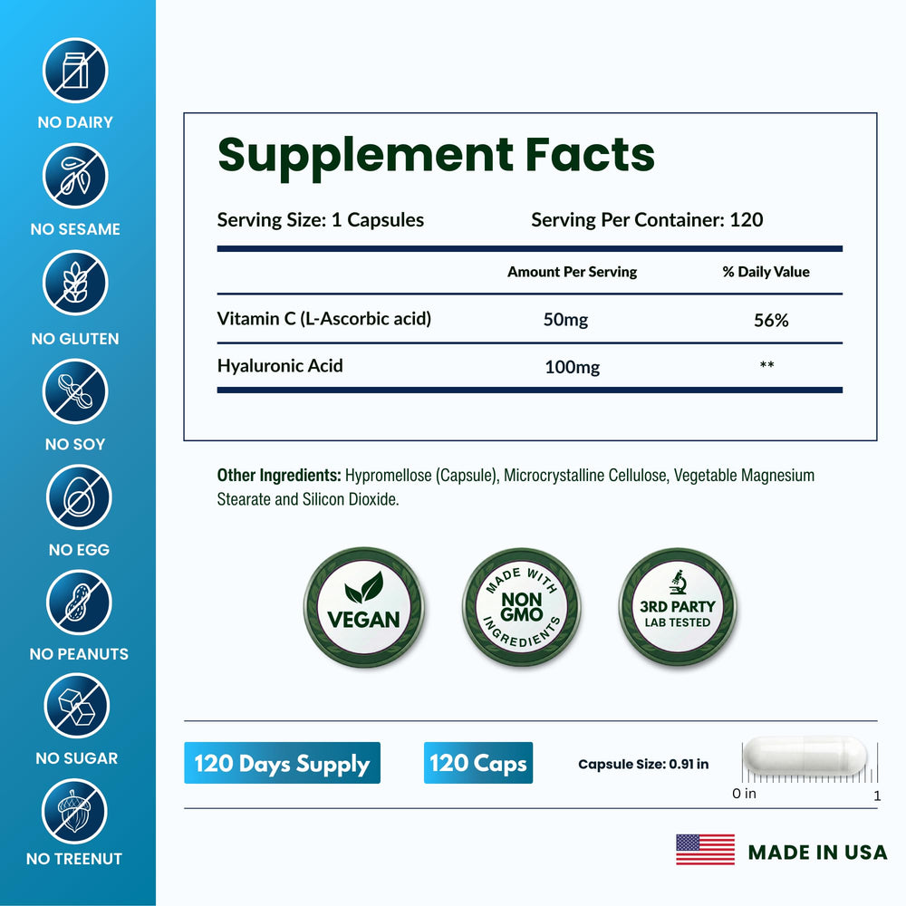 ForestLeaf hyaluronic acid powder capsules label communicates a clean, non-GMO formula for daily wellness.