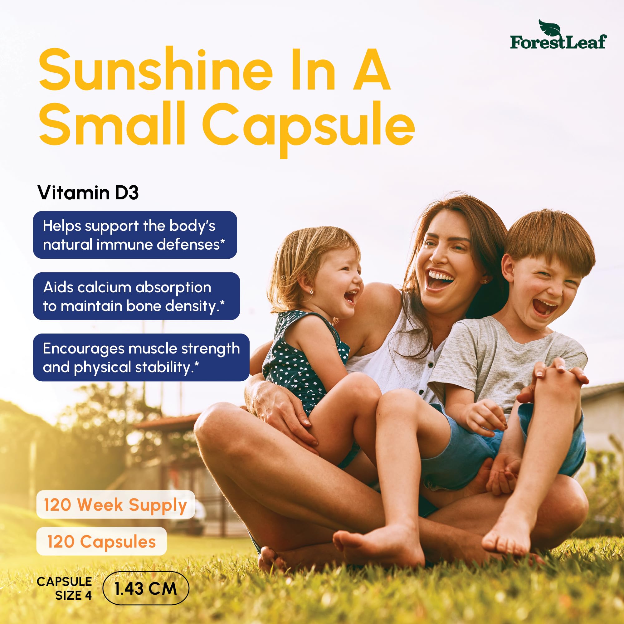ForestLeaf Vitamin D3 50,000 IU capsules ready to swallow for convenient weekly support.