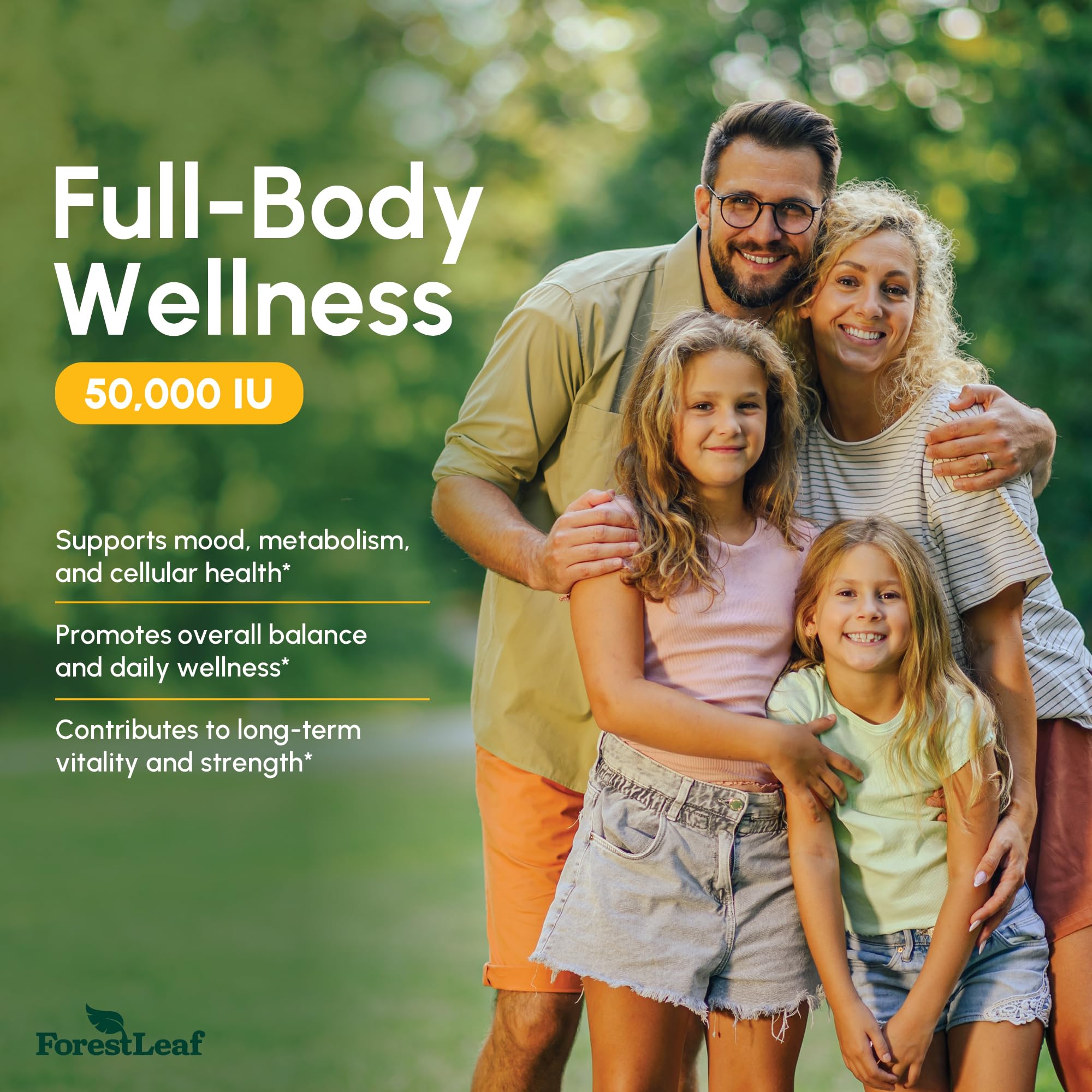 ForestLeaf Vitamin D3 50,000 IU gluten-free and soy-free supplement.