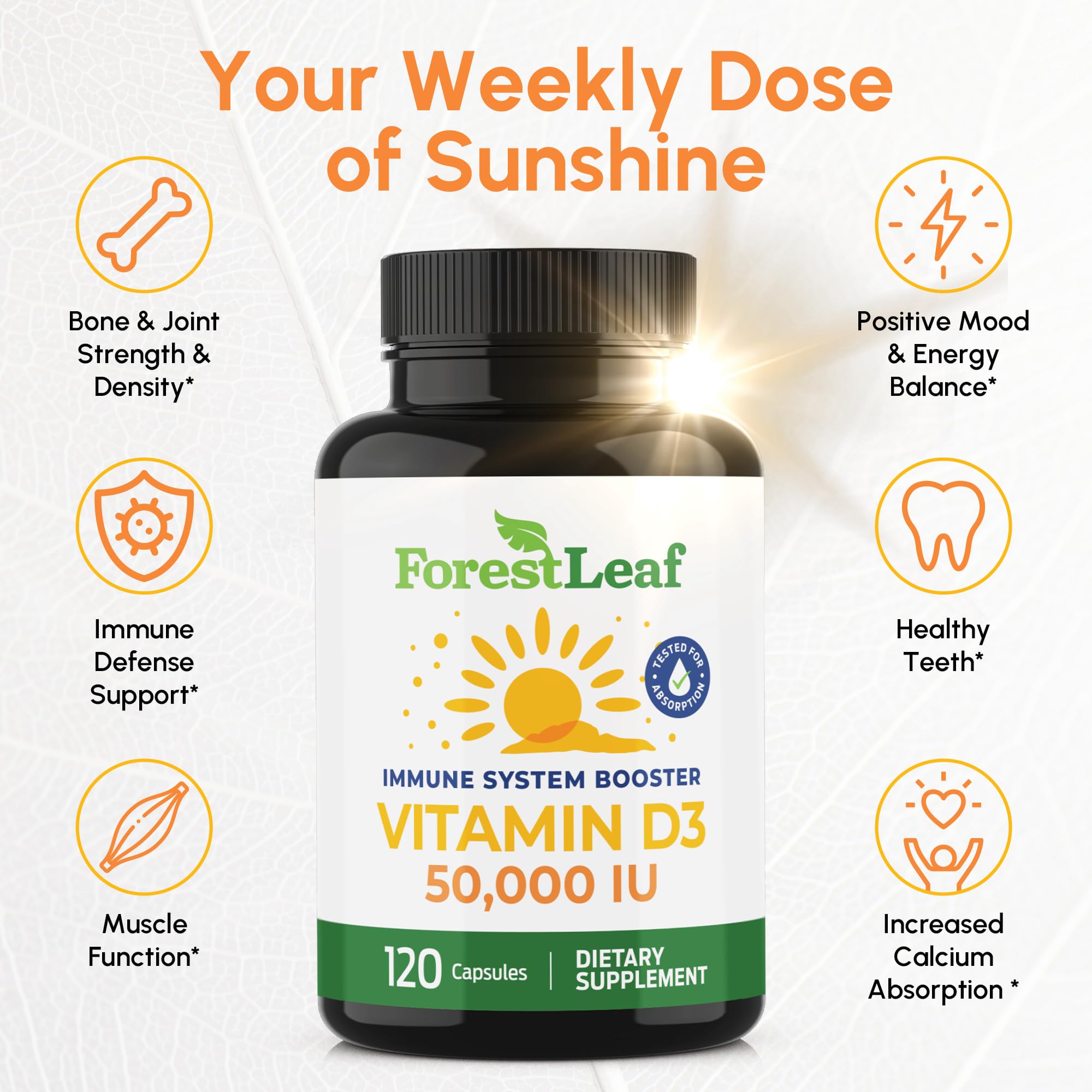 ForestLeaf Vitamin D3 50,000 IU label close-up highlighting ingredients and clean formula.