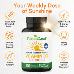 ForestLeaf Vitamin D3 50,000 IU label close-up highlighting ingredients and clean formula.