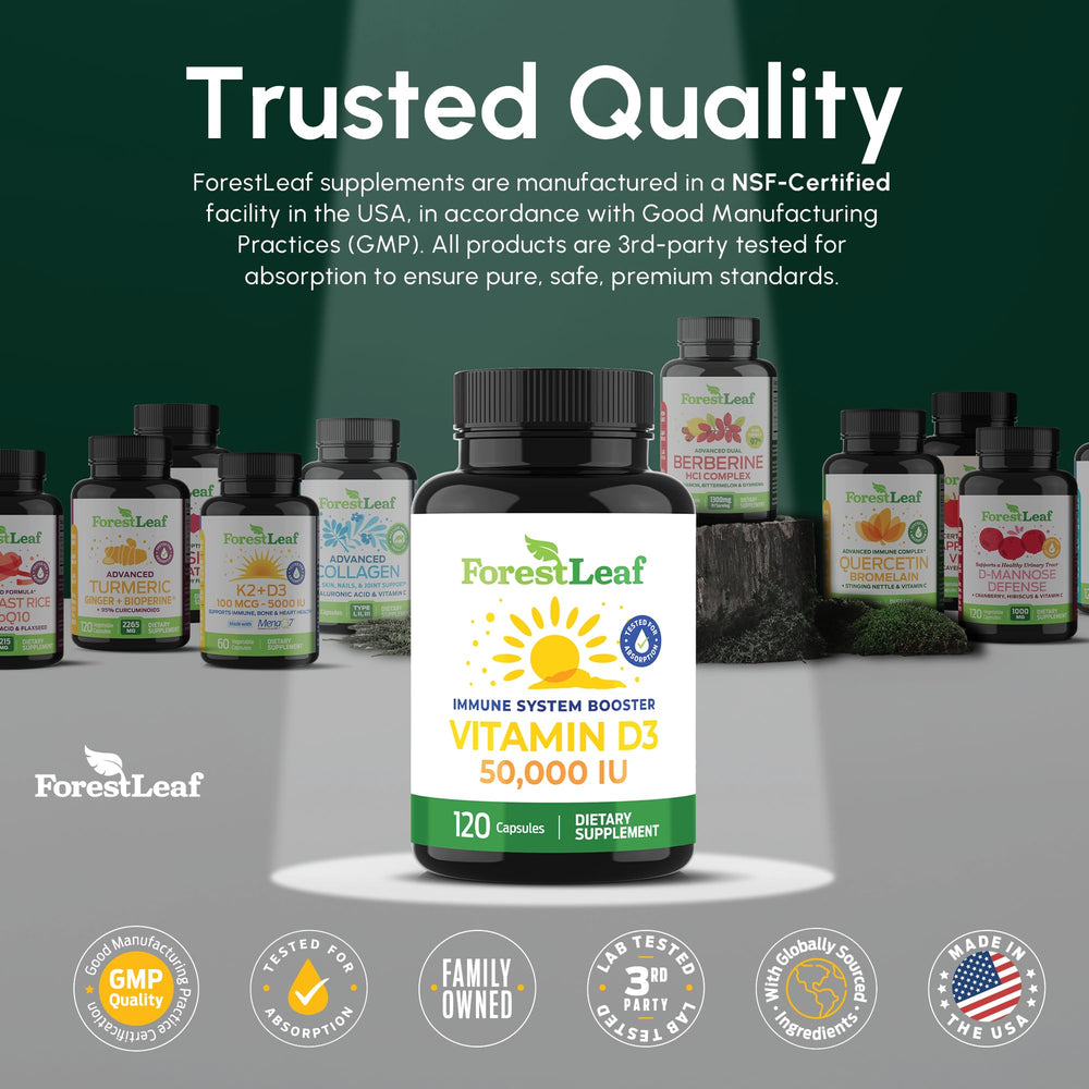 ForestLeaf Vitamin D3 50,000 IU third-party tested for purity.